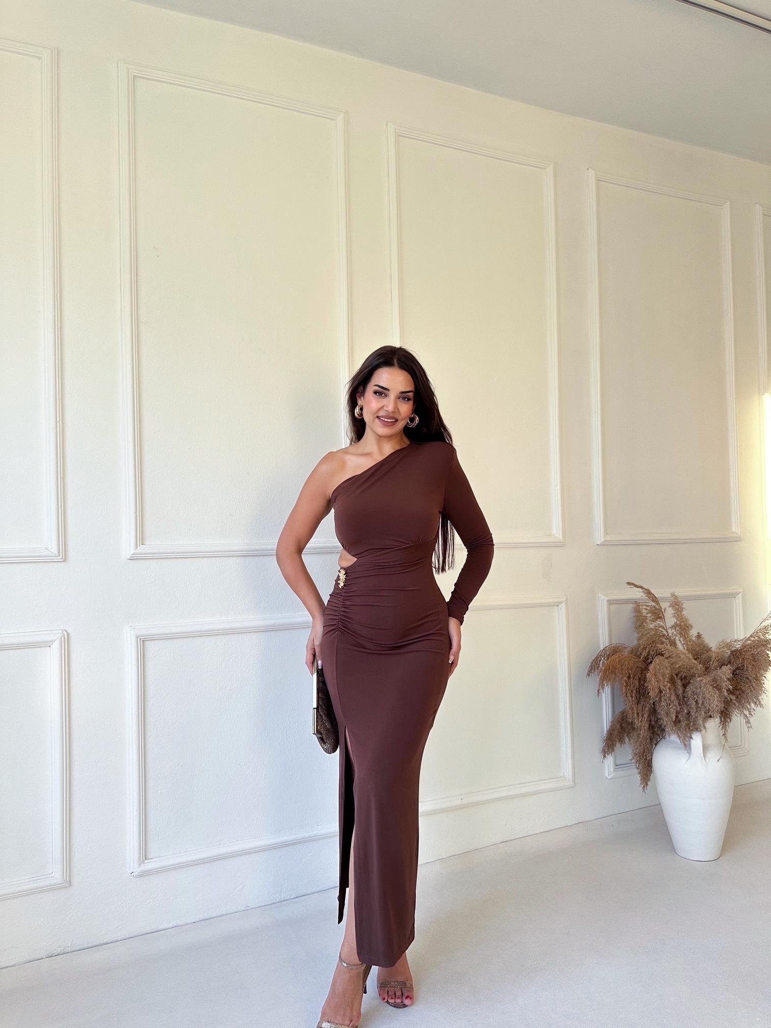 Premium Kalite Tek Kollu Drapeli Kahve Midi Elbise