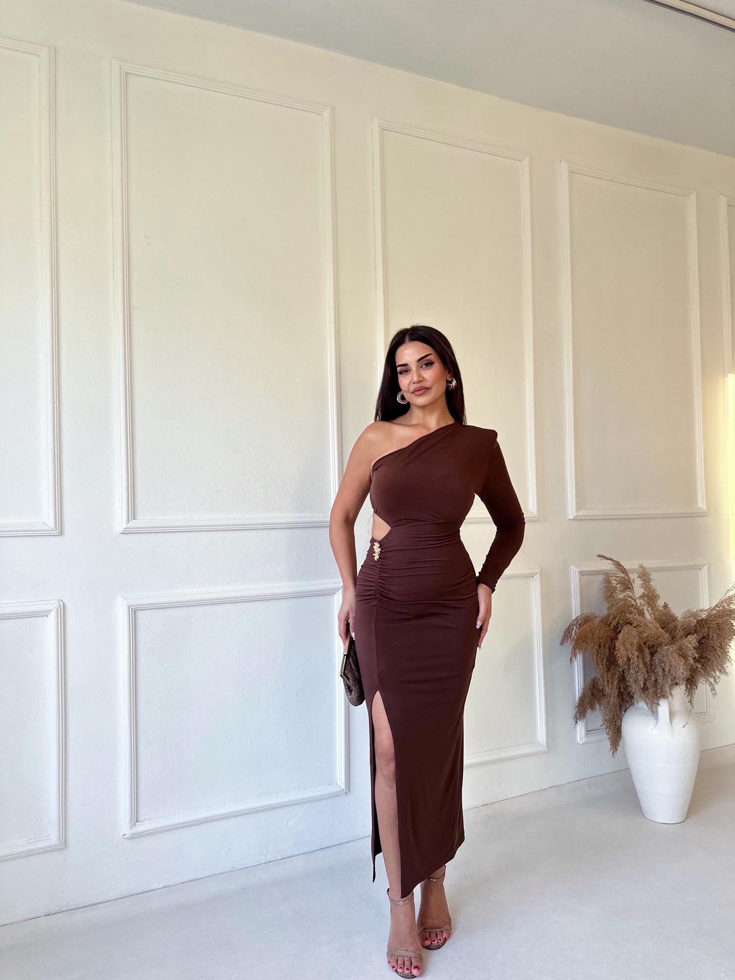 Premium Kalite Tek Kollu Drapeli Kahve Midi Elbise