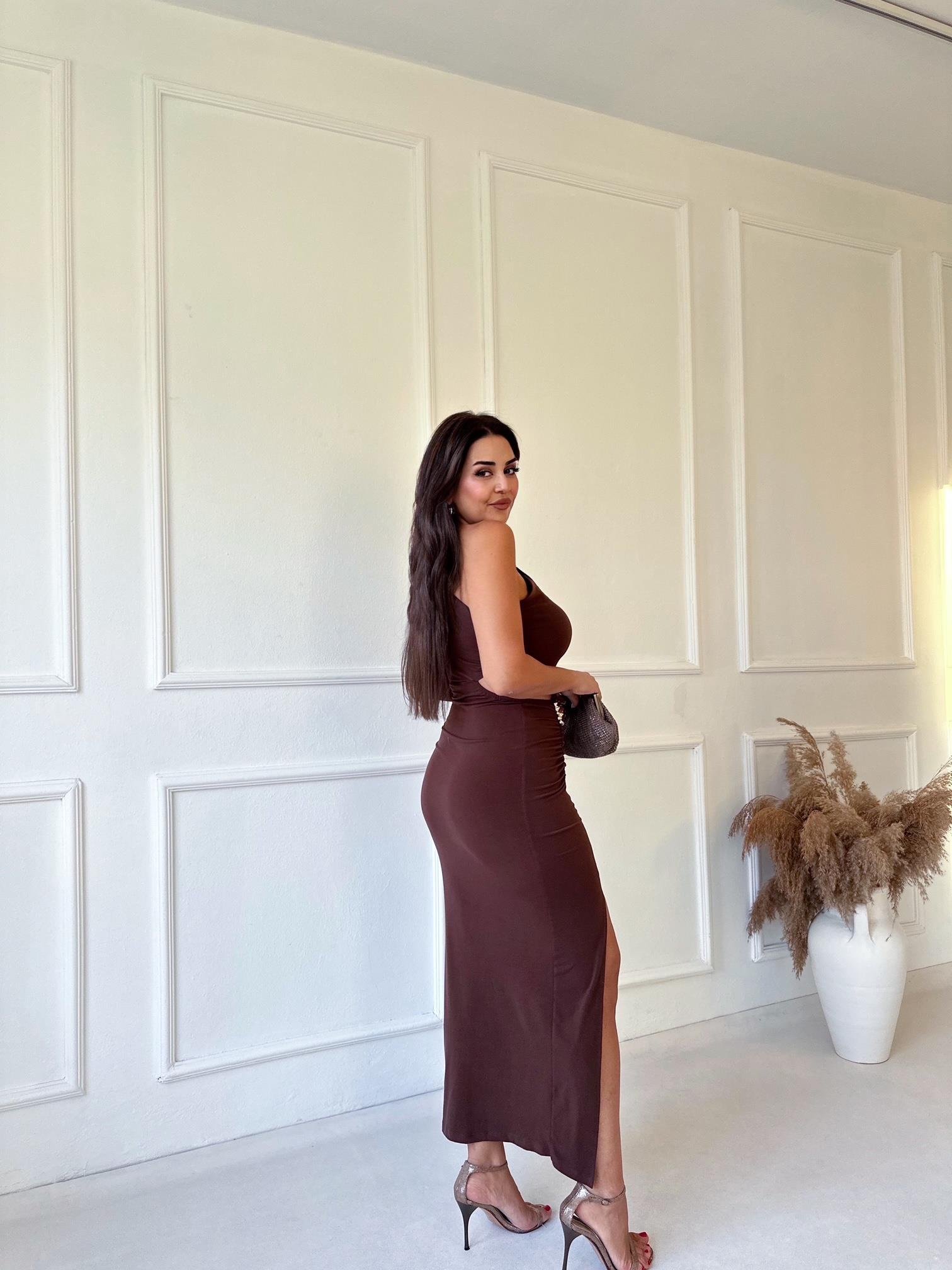 Premium Kalite Tek Kollu Drapeli Kahve Midi Elbise