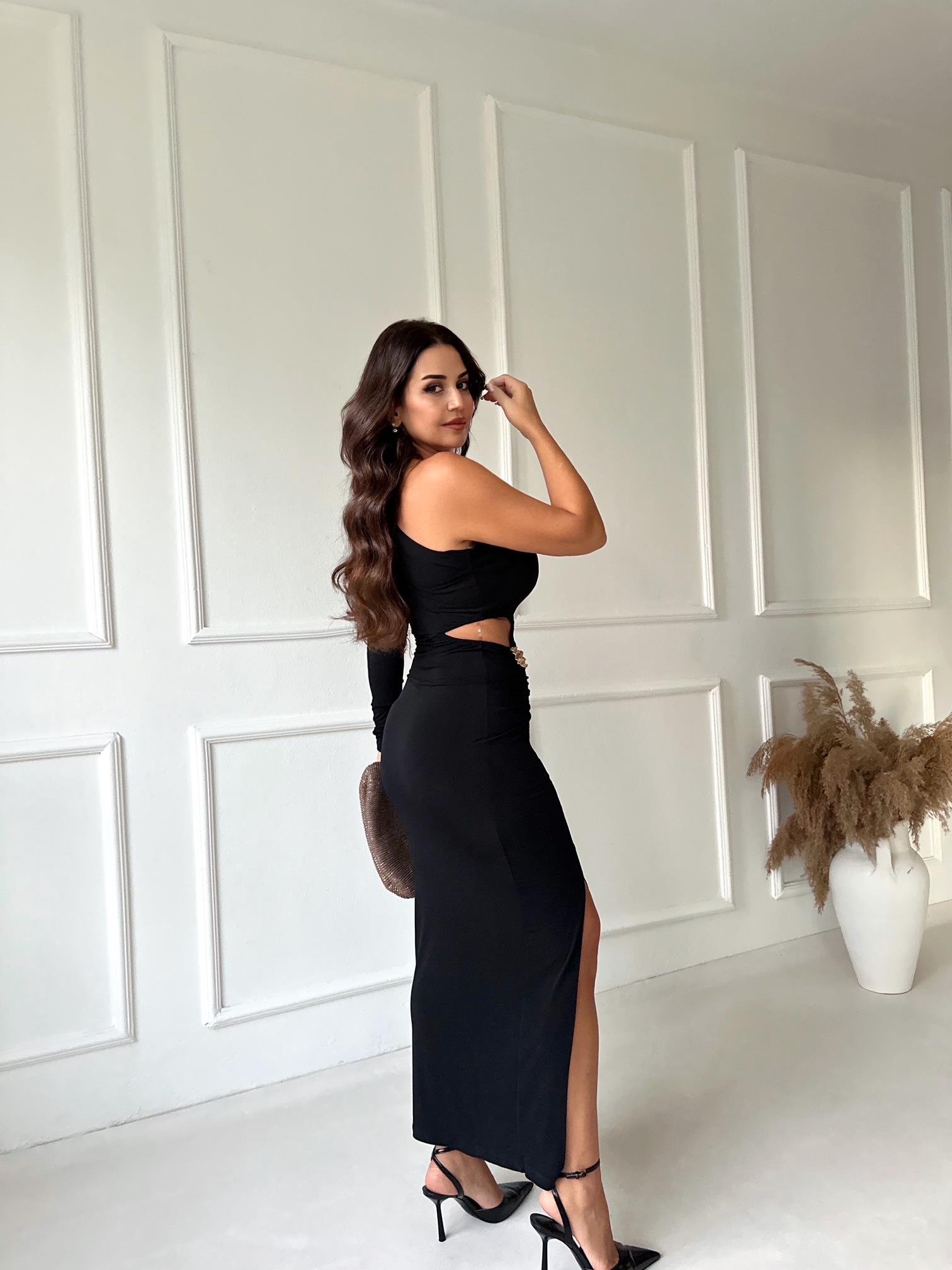 Premium Kalite Tek Kollu Drapeli Siyah Midi Elbise