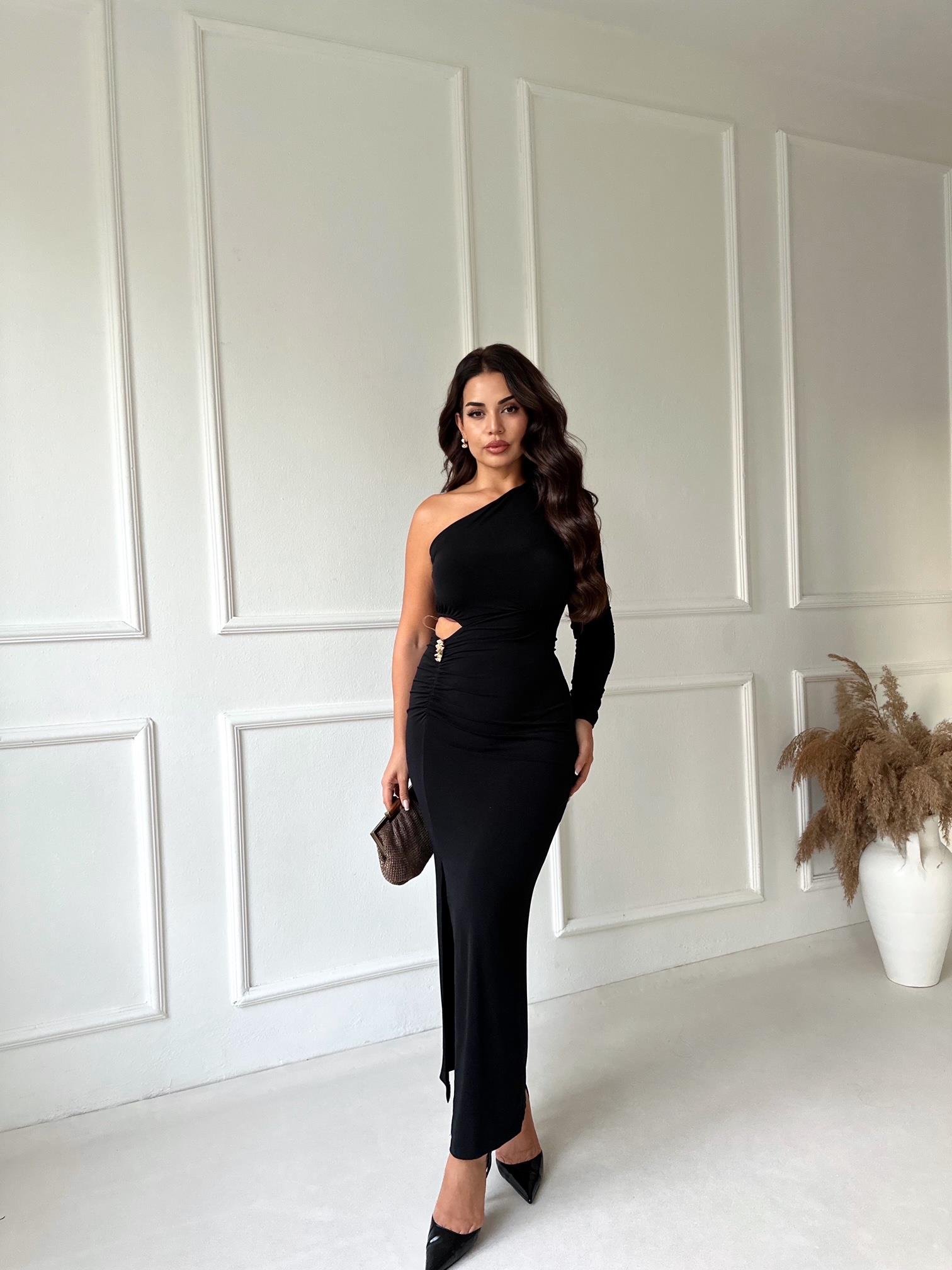 Premium Kalite Tek Kollu Drapeli Siyah Midi Elbise