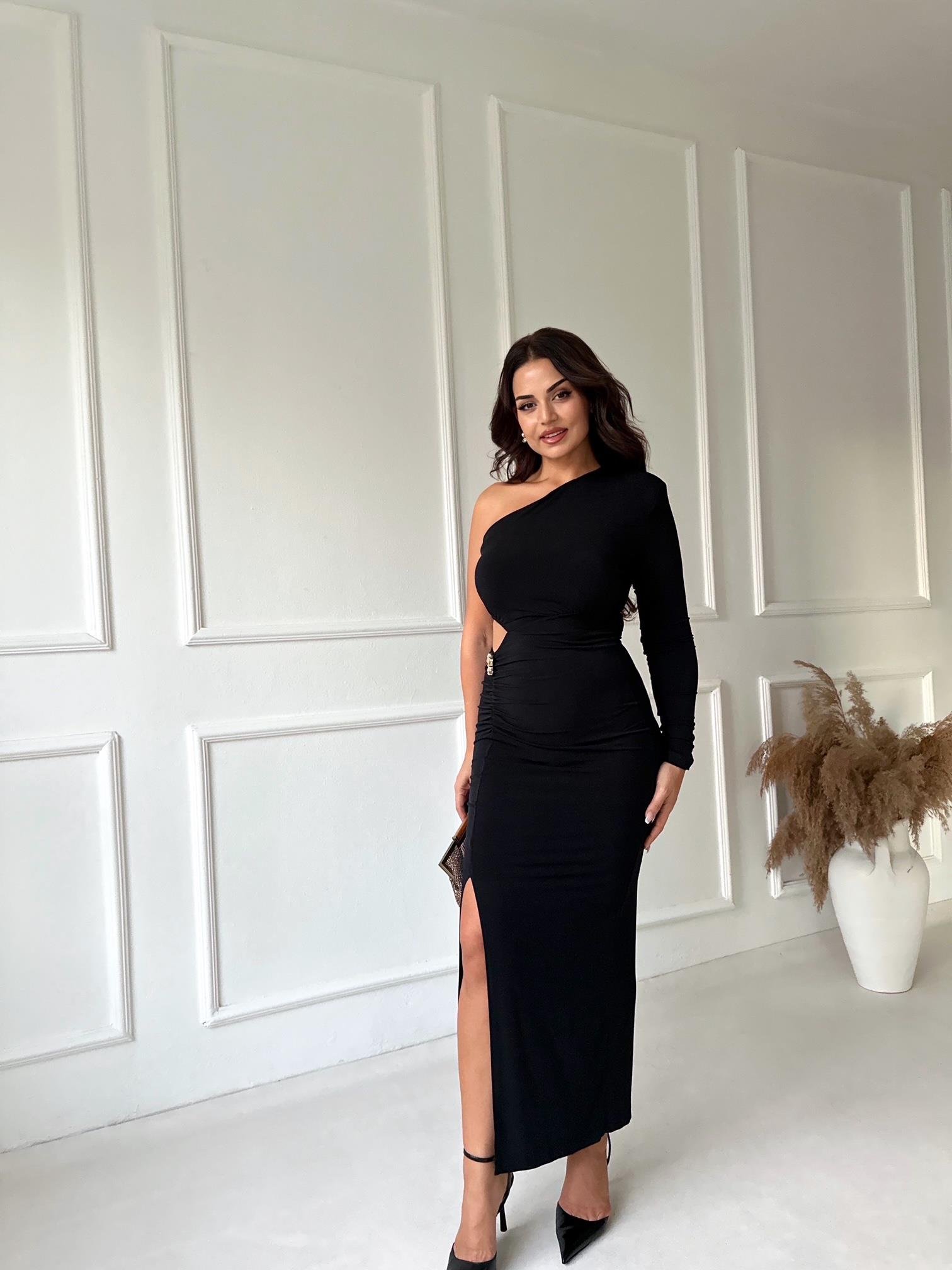 Premium Kalite Tek Kollu Drapeli Siyah Midi Elbise