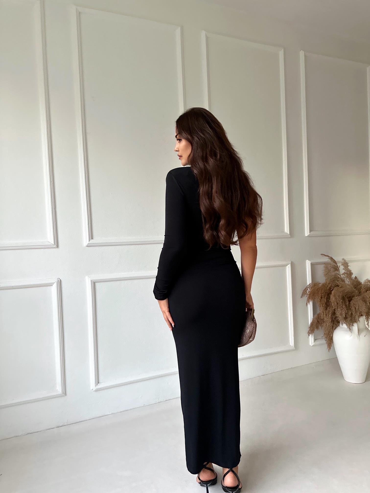 Premium Kalite Tek Kollu Drapeli Siyah Midi Elbise