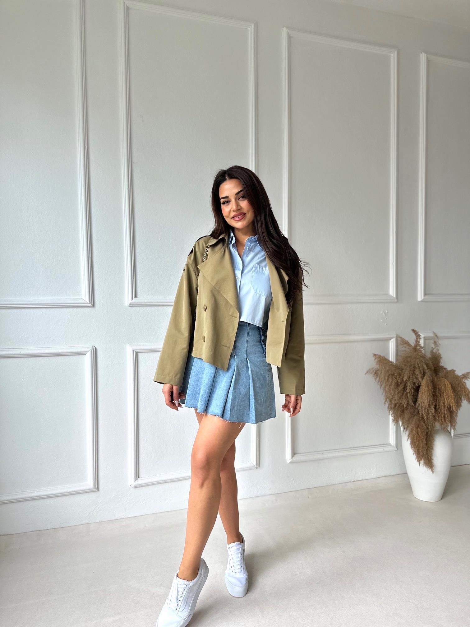 Premium Kalite Yağ Yeşili Crop Trençkot