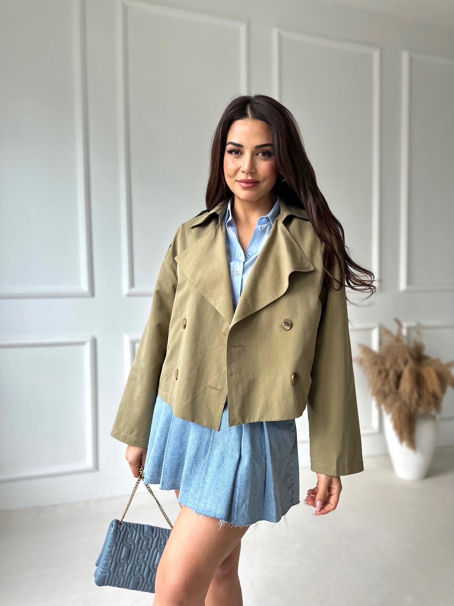 Premium Kalite Yağ Yeşili Crop Trençkot