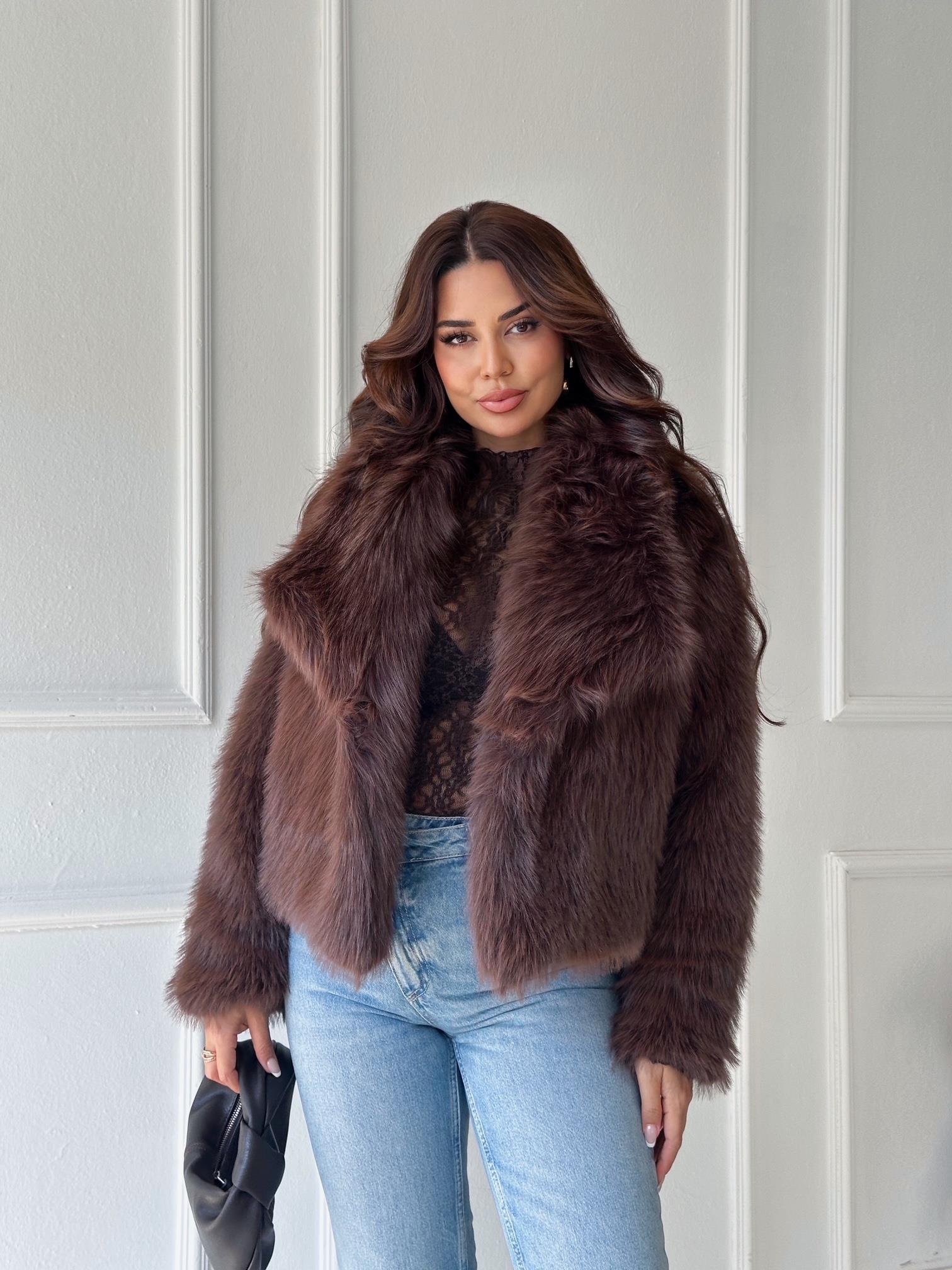 Premium Kalite Yakalı Kürk Mont - Kahve | Nora Butik