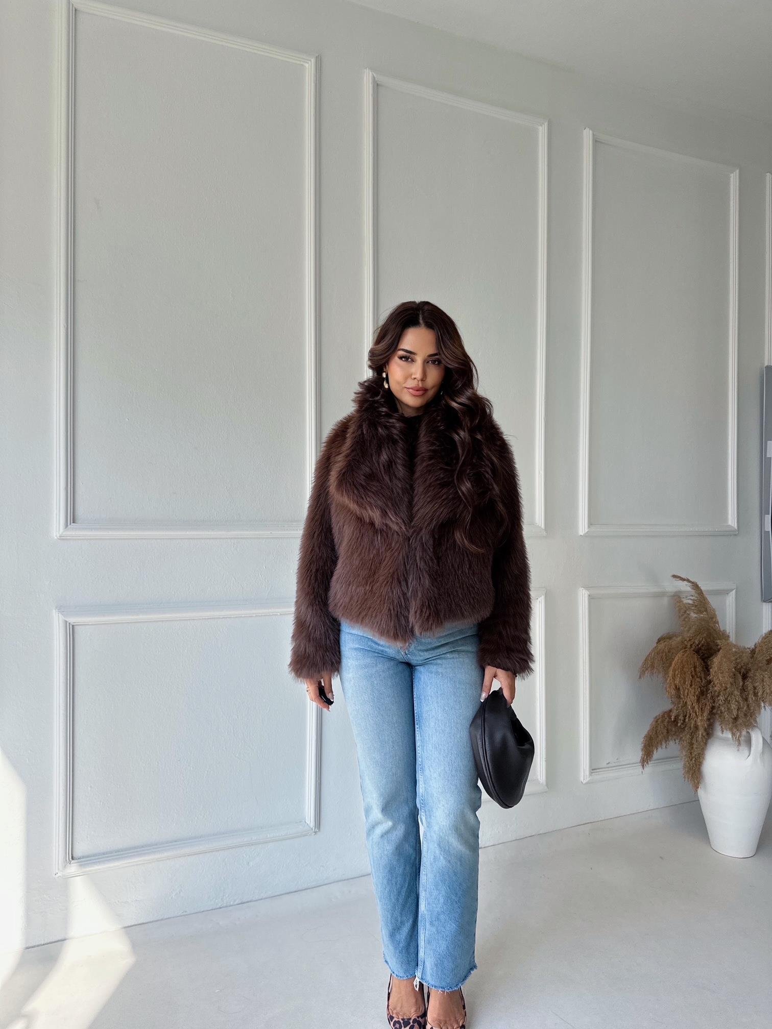 Premium Kalite Yakalı Kürk Mont - Kahve | Nora Butik