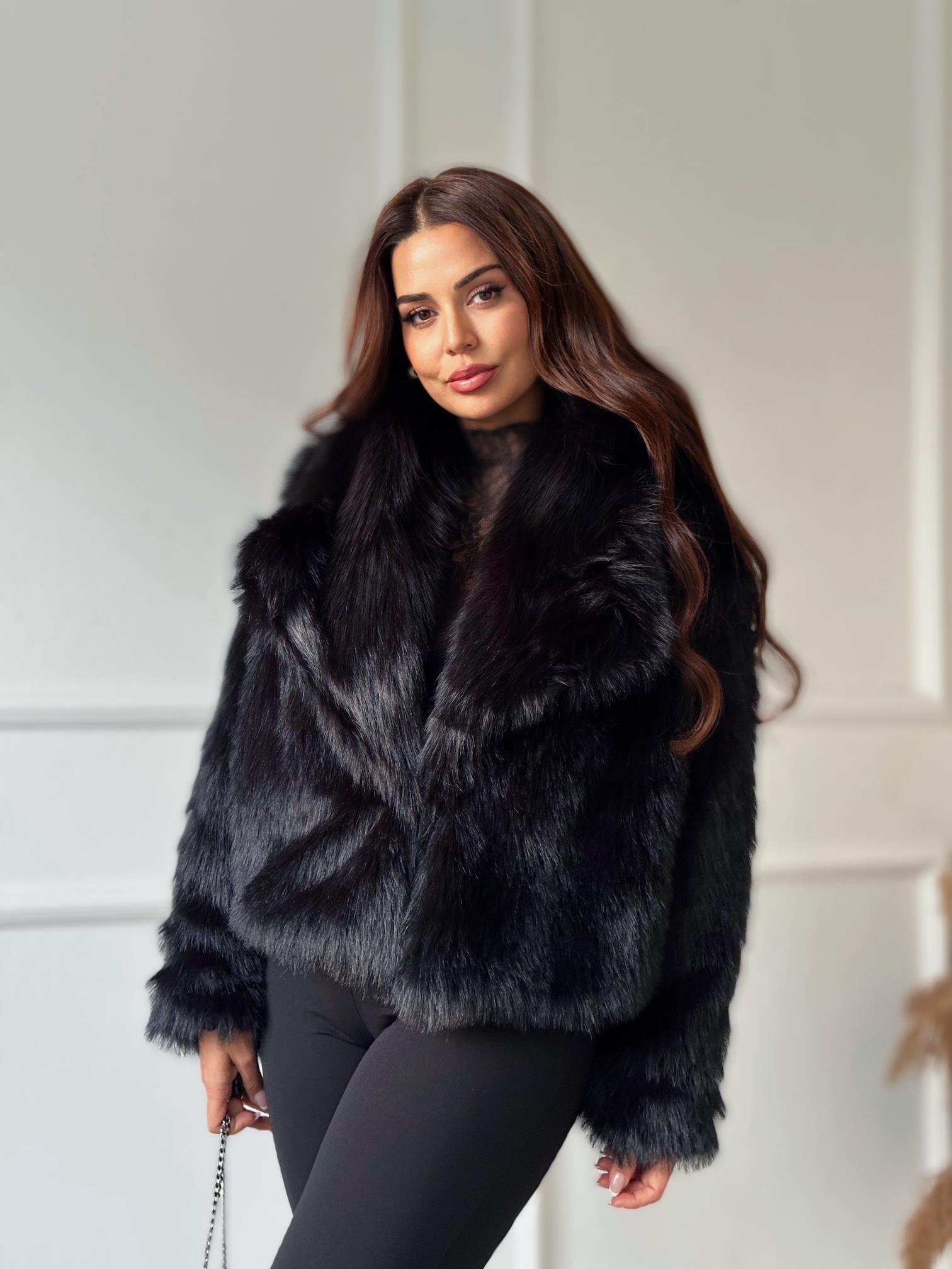 Premium Kalite Yakalı Kürk Mont - Siyah | Nora Butik