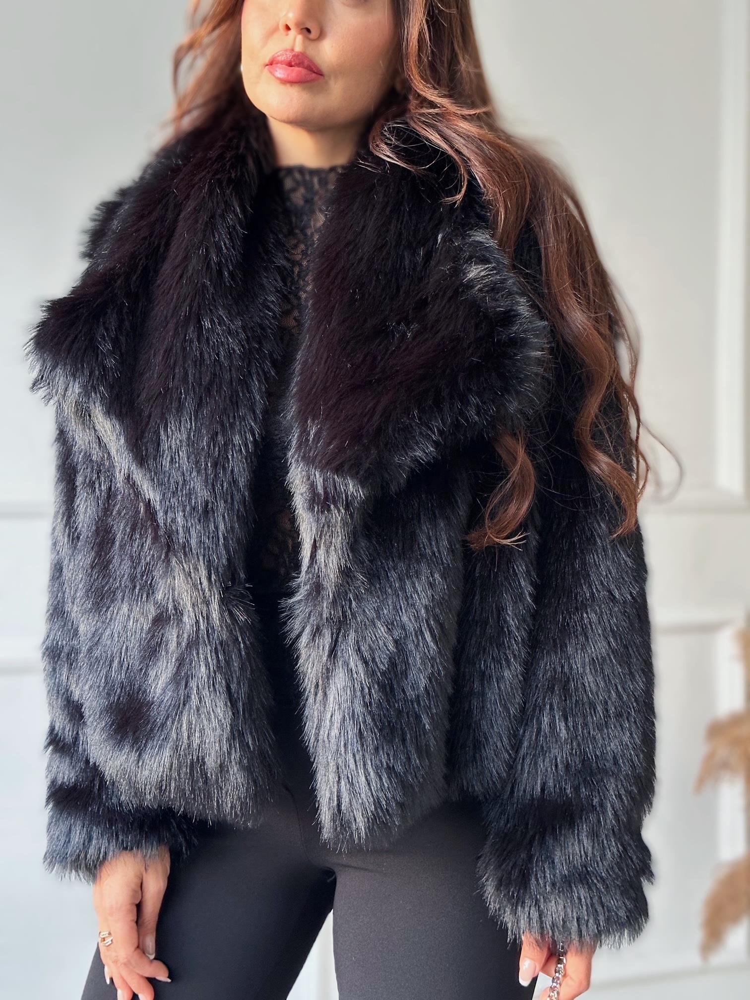 Premium Kalite Yakalı Kürk Mont - Siyah | Nora Butik