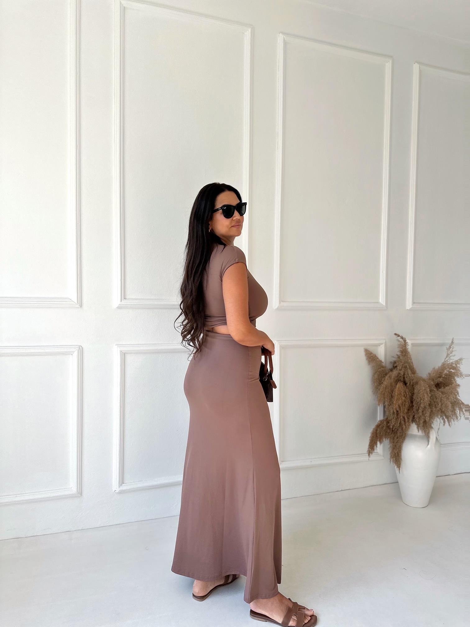 Premium Kalite Yüksek Bel Maxi Etek Kahve