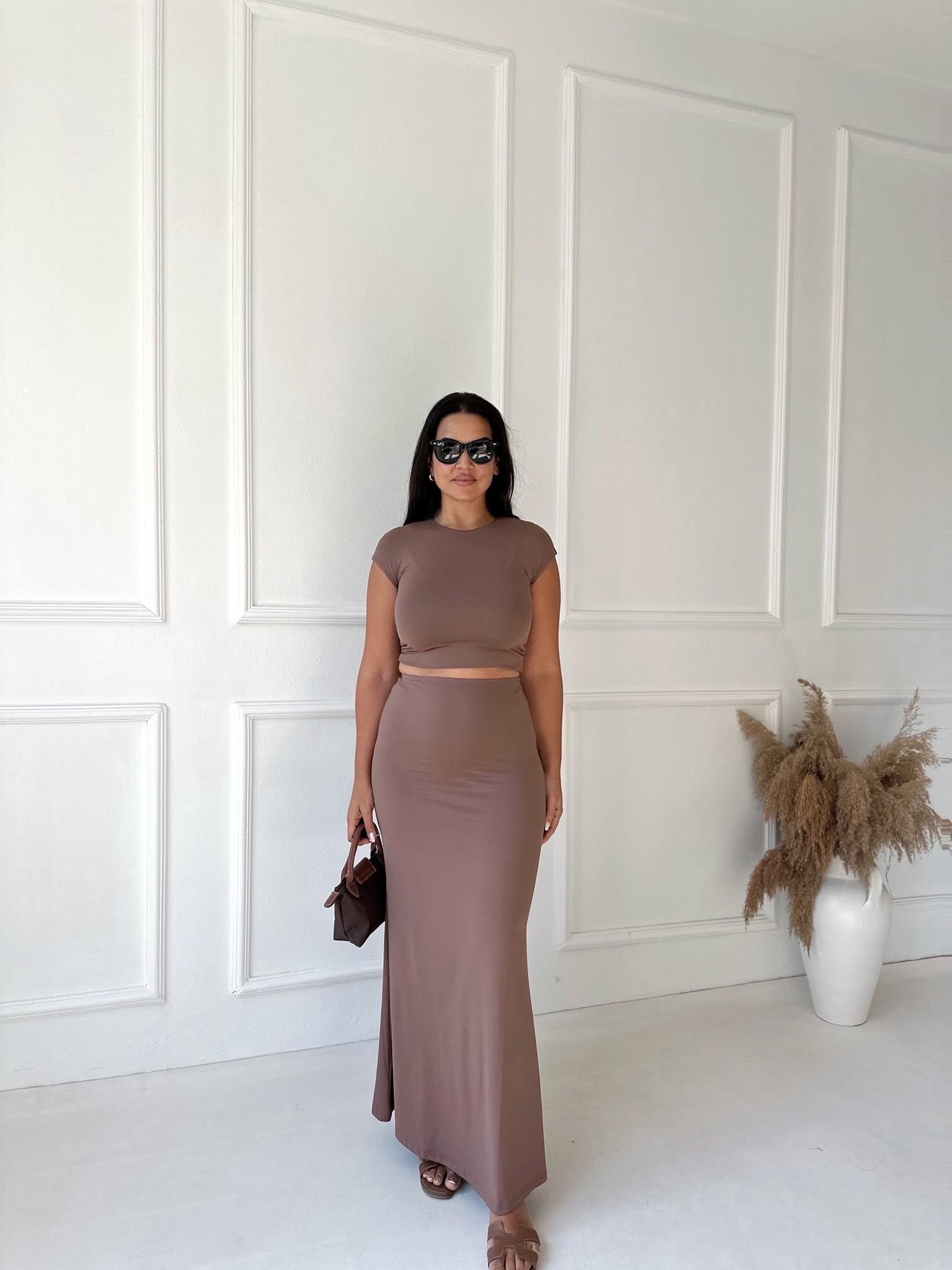 Premium Kalite Yüksek Bel Maxi Etek Kahve