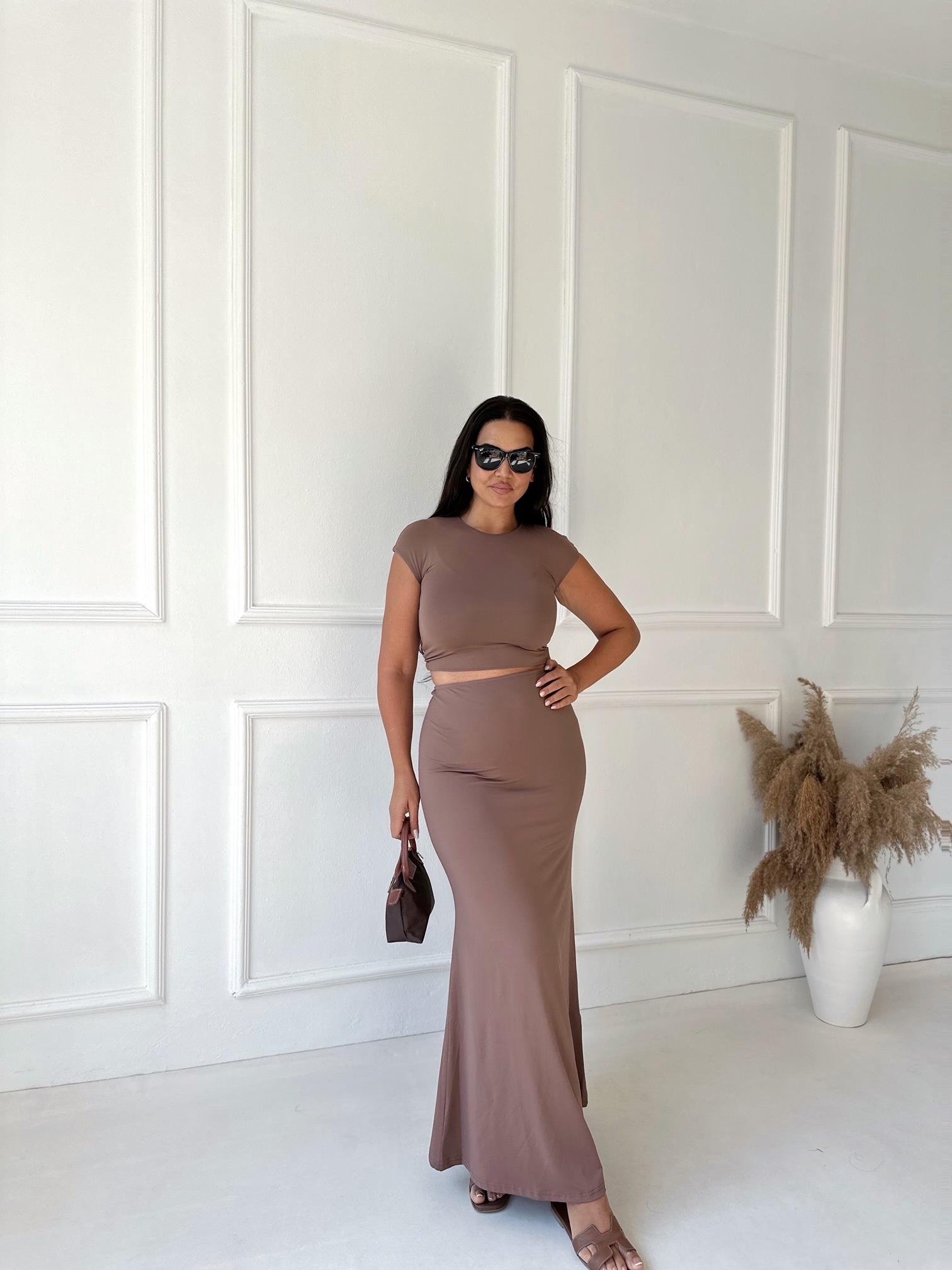 Premium Kalite Yüksek Bel Maxi Etek Kahve