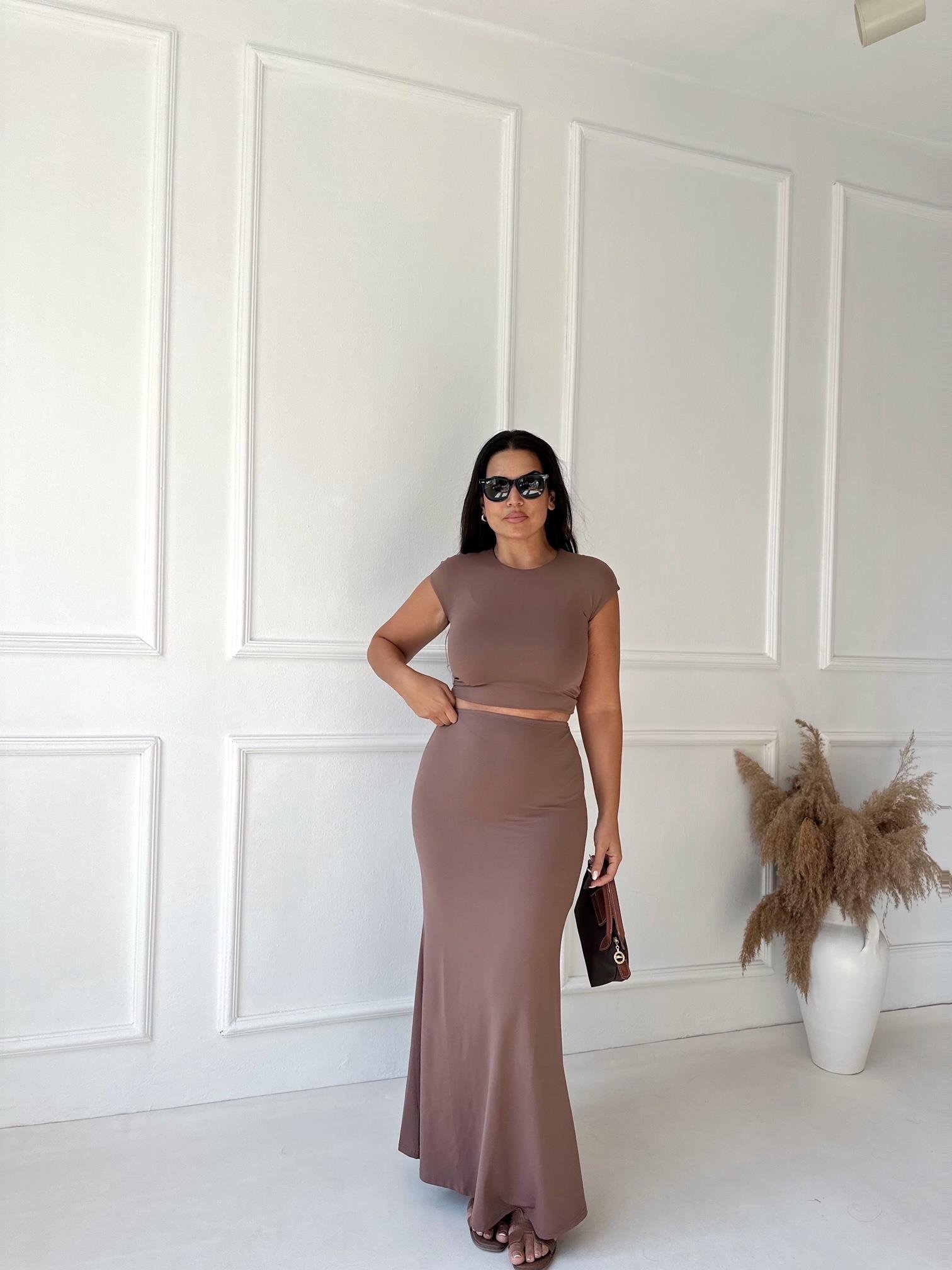 Premium Kalite Yüksek Bel Maxi Etek Kahve