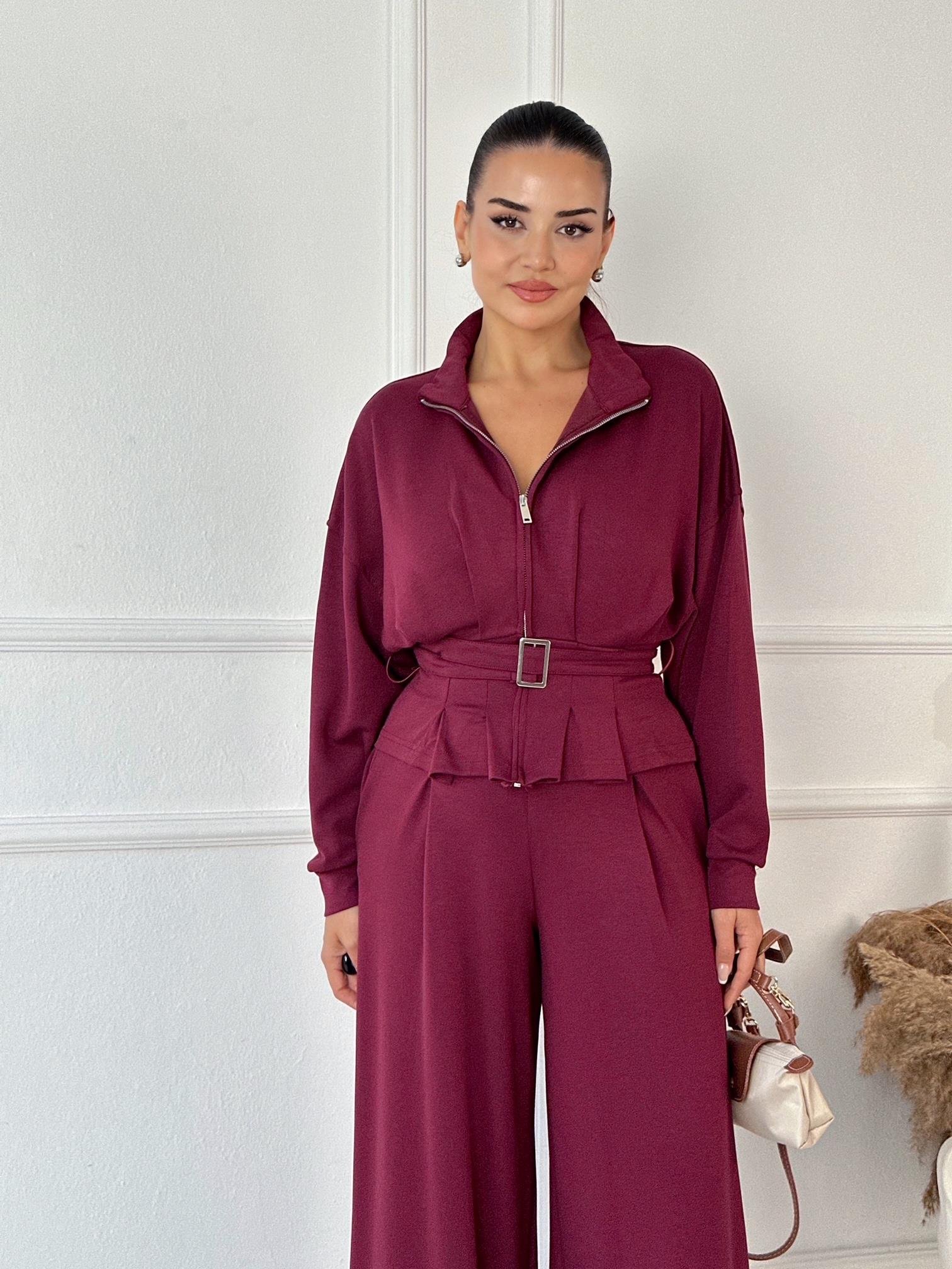 Premium Oysho Kumaş Kemerli İkili Takım – Bordo