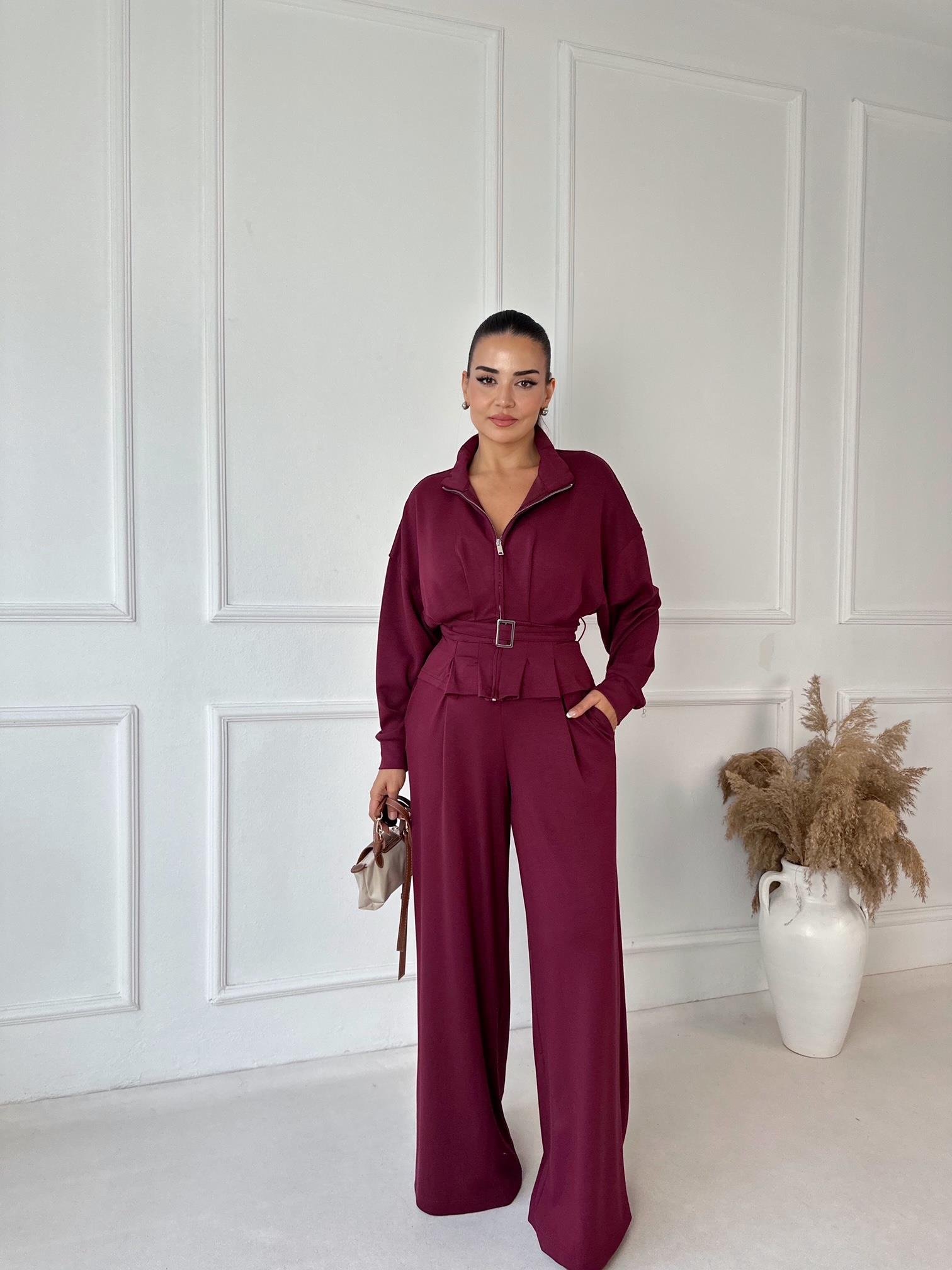 Premium Oysho Kumaş Kemerli İkili Takım – Bordo