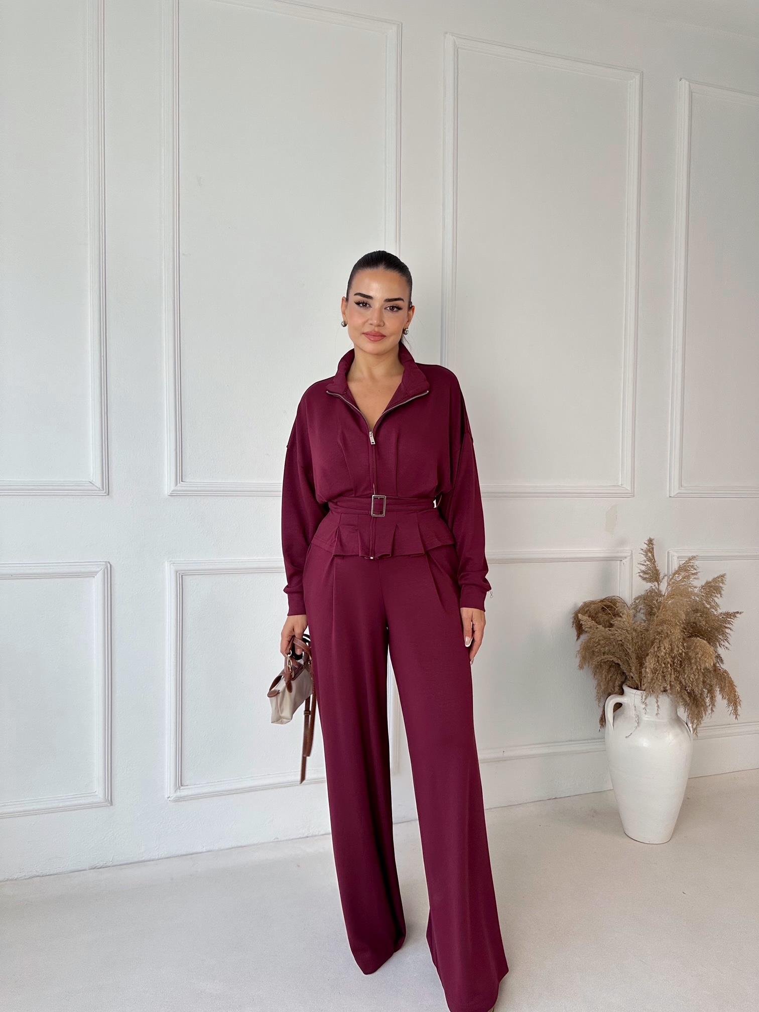 Premium Oysho Kumaş Kemerli İkili Takım – Bordo