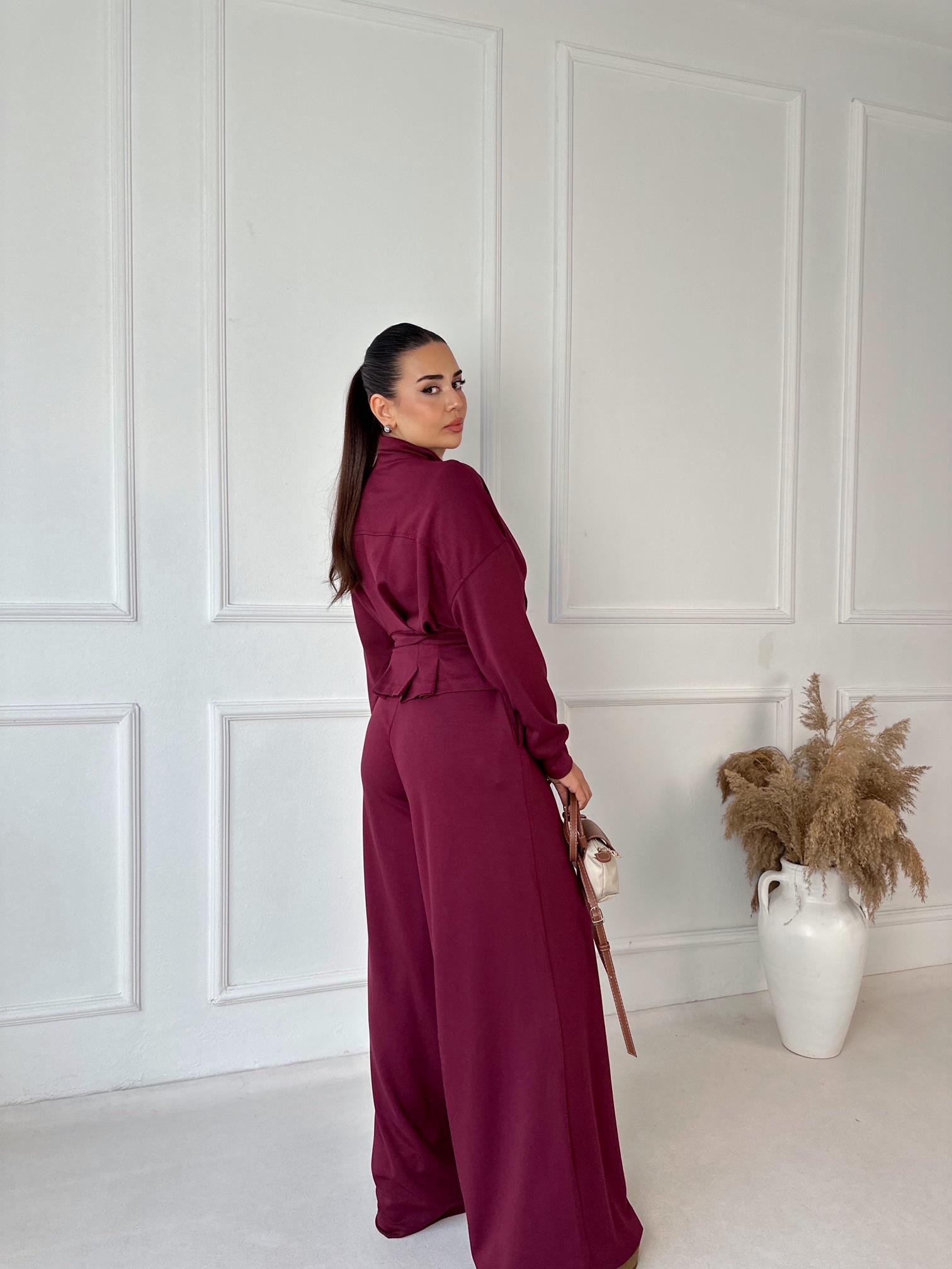 Premium Oysho Kumaş Kemerli İkili Takım – Bordo