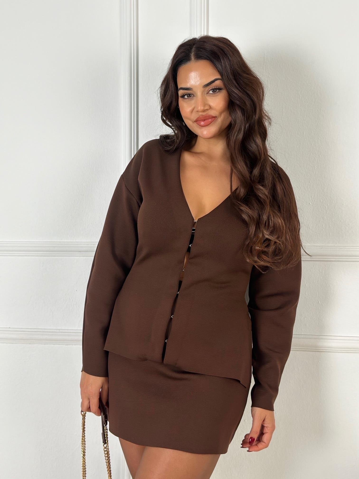Premium Seri Çelik Triko Ceket ve Etek Takım Acı Kahve