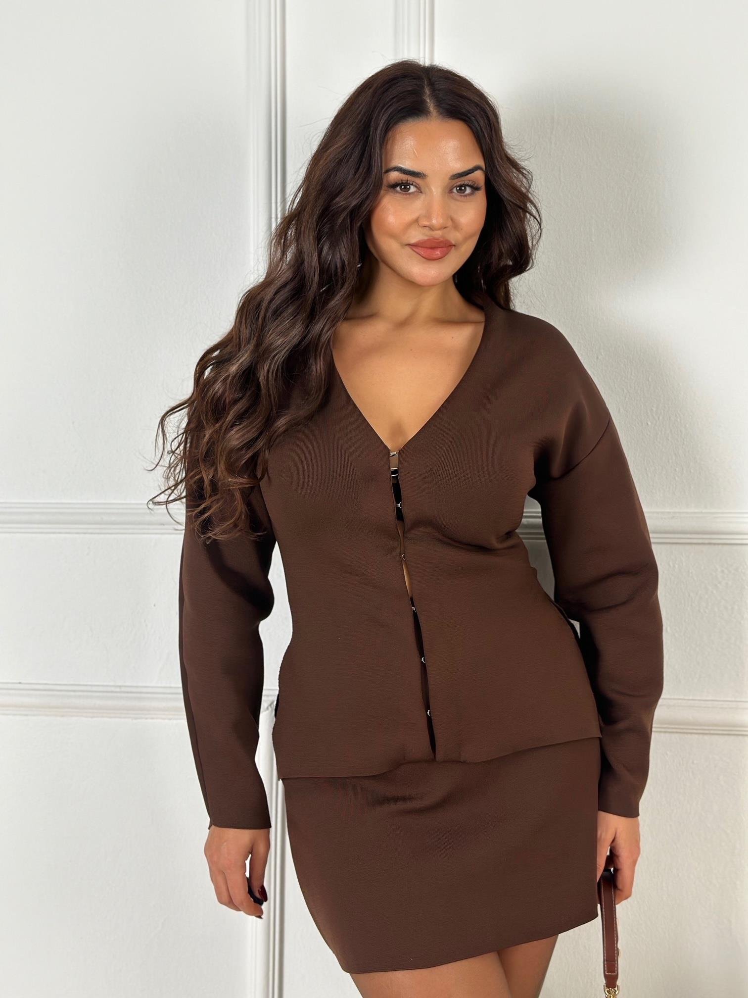 Premium Seri Çelik Triko Ceket ve Etek Takım Acı Kahve