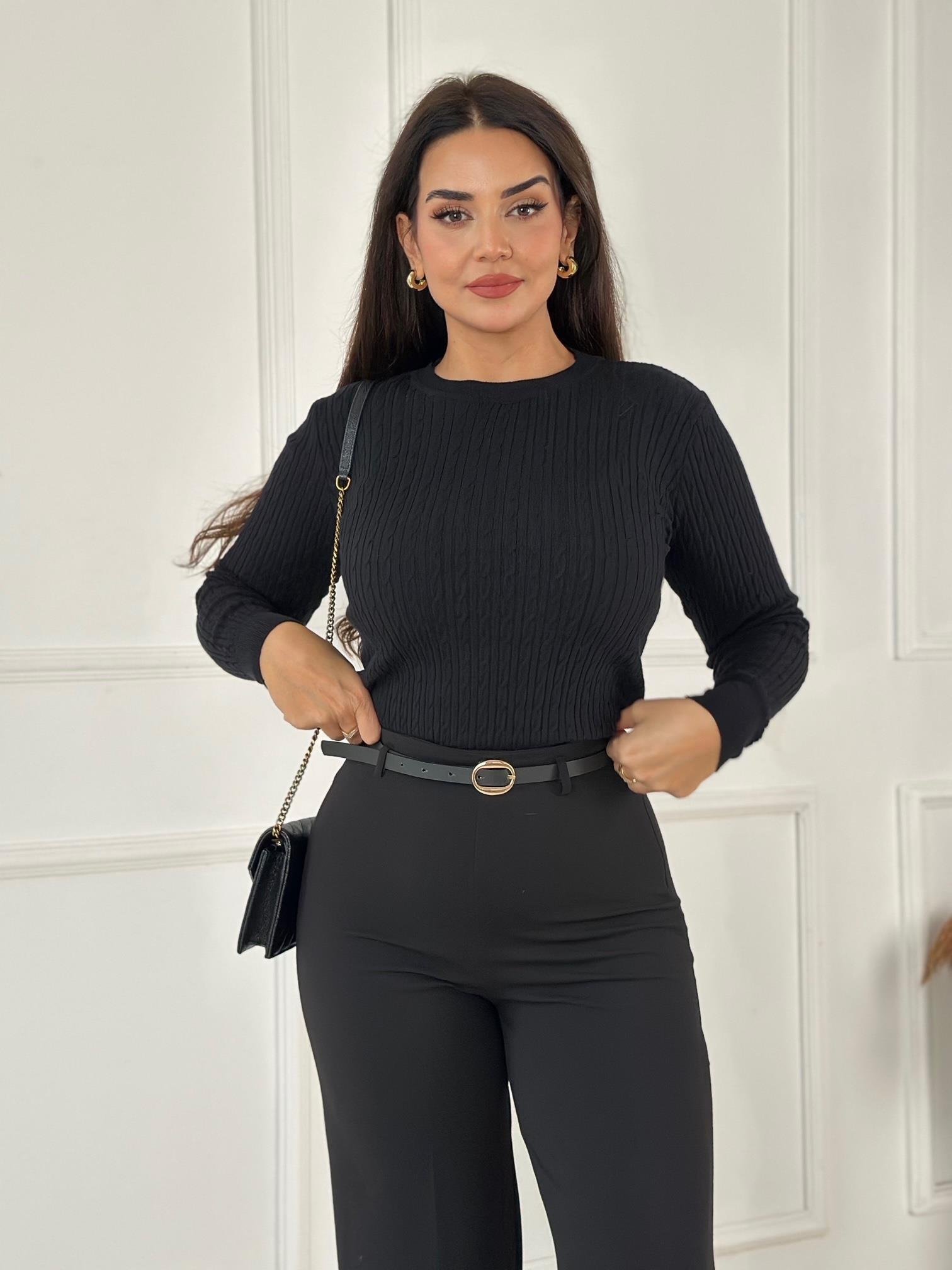 Ralph Saç Örgülü Siyah Triko Kazak