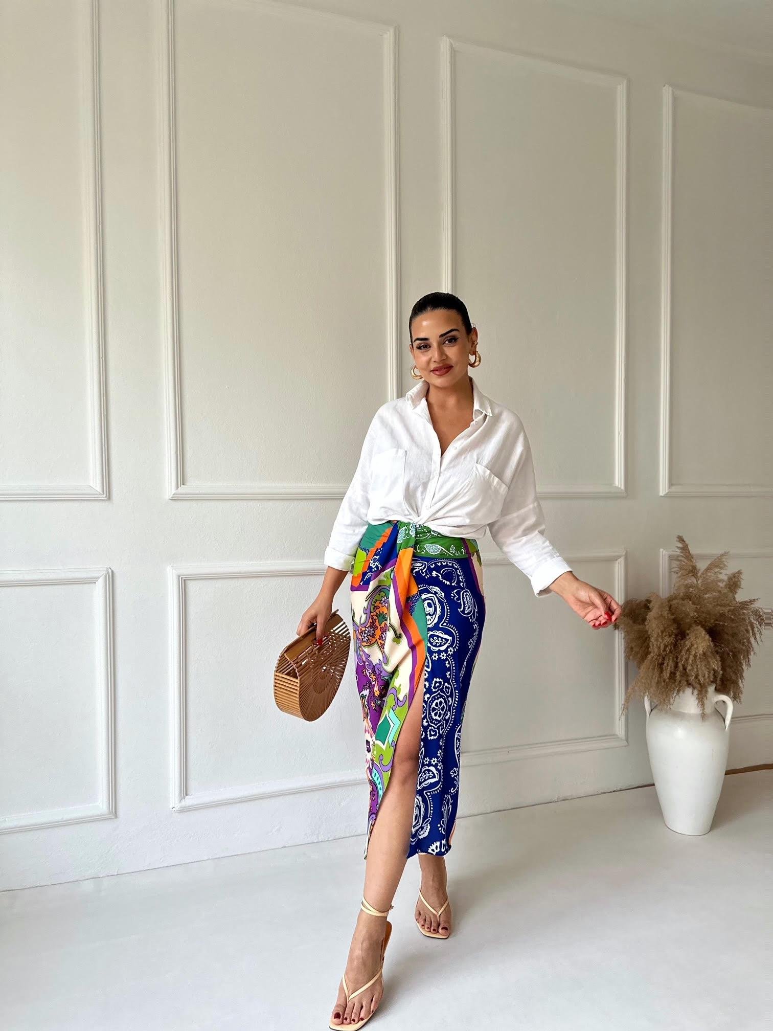 Renkli Şal Desen Düğüm Detaylı Midi Etek