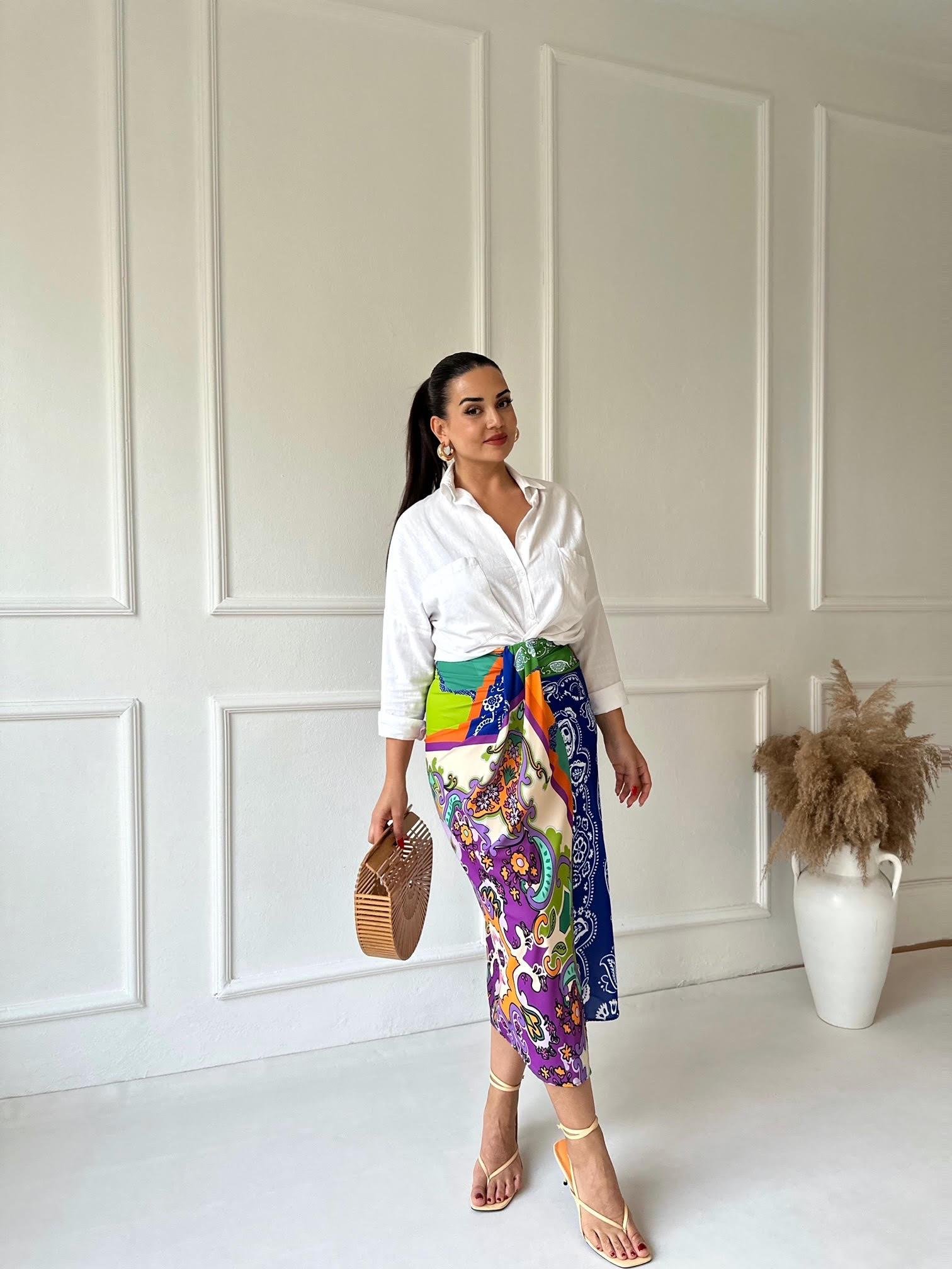 Renkli Şal Desen Düğüm Detaylı Midi Etek