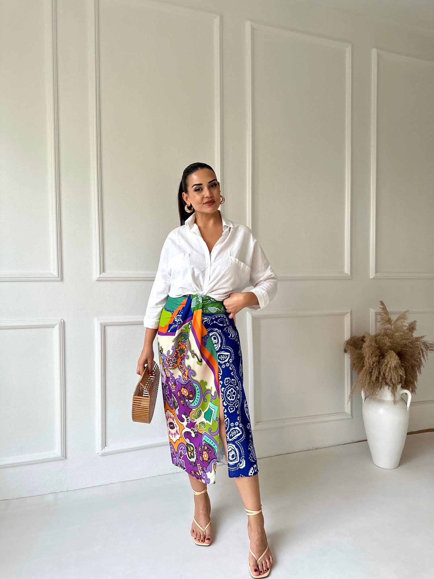 Renkli Şal Desen Düğüm Detaylı Midi Etek