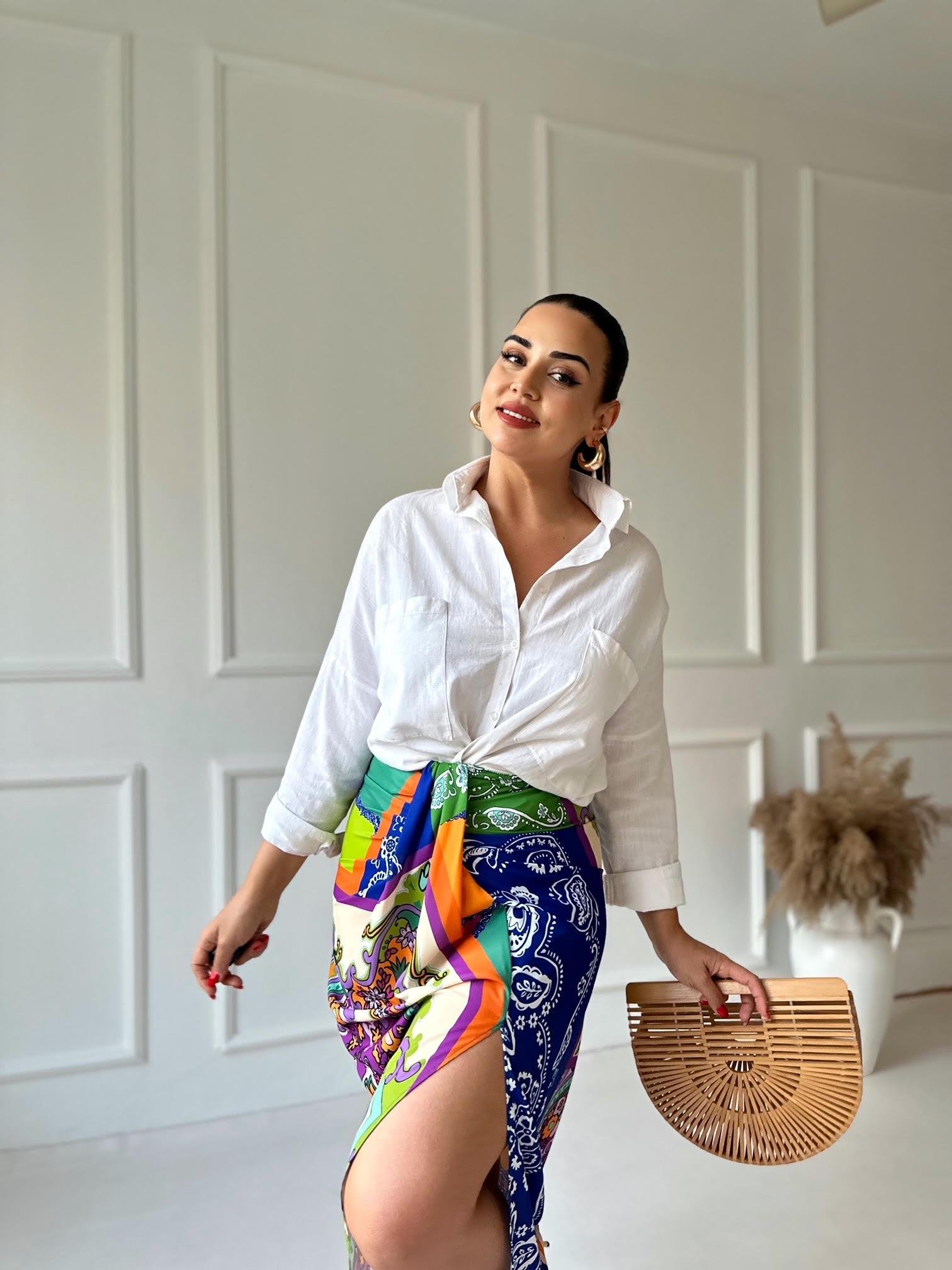 Renkli Şal Desen Düğüm Detaylı Midi Etek