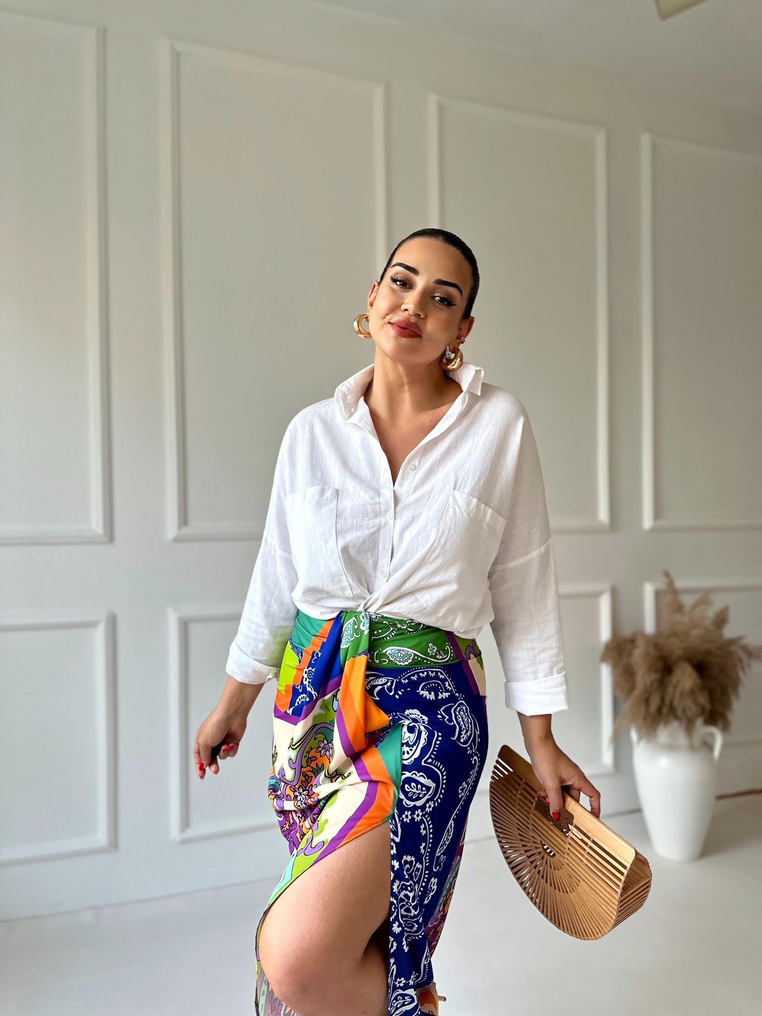 Renkli Şal Desen Düğüm Detaylı Midi Etek