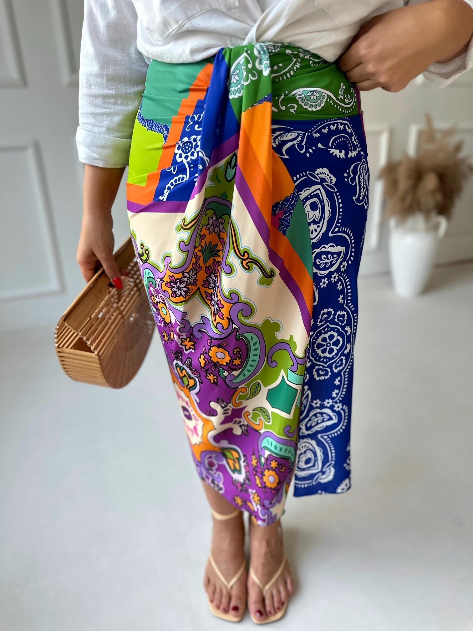 Renkli Şal Desen Düğüm Detaylı Midi Etek