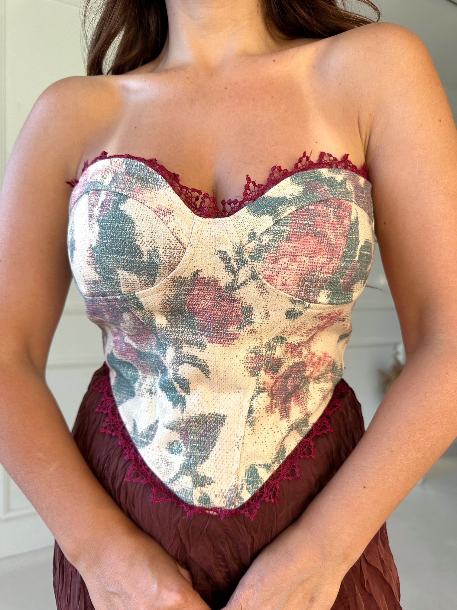 Rosalie Çiçek Desenli Korse- Bordo