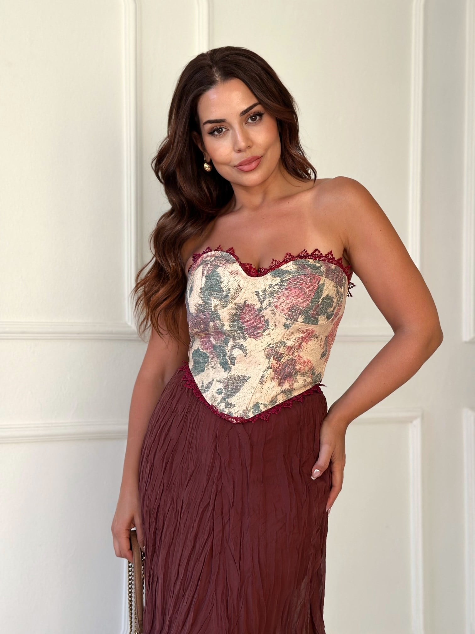 Rosalie Çiçek Desenli Korse- Bordo