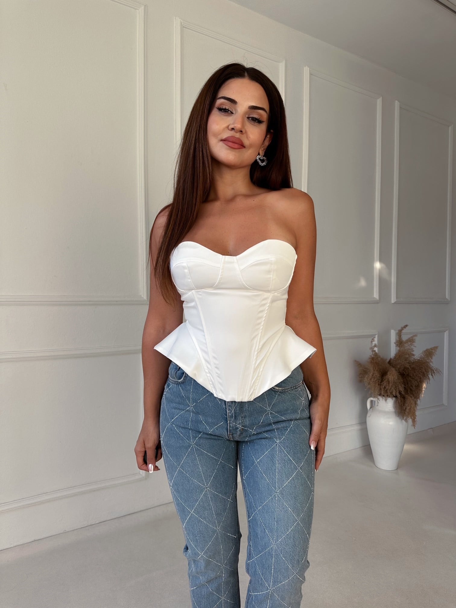 Rosalie Saten Straplez Korse - Beyaz