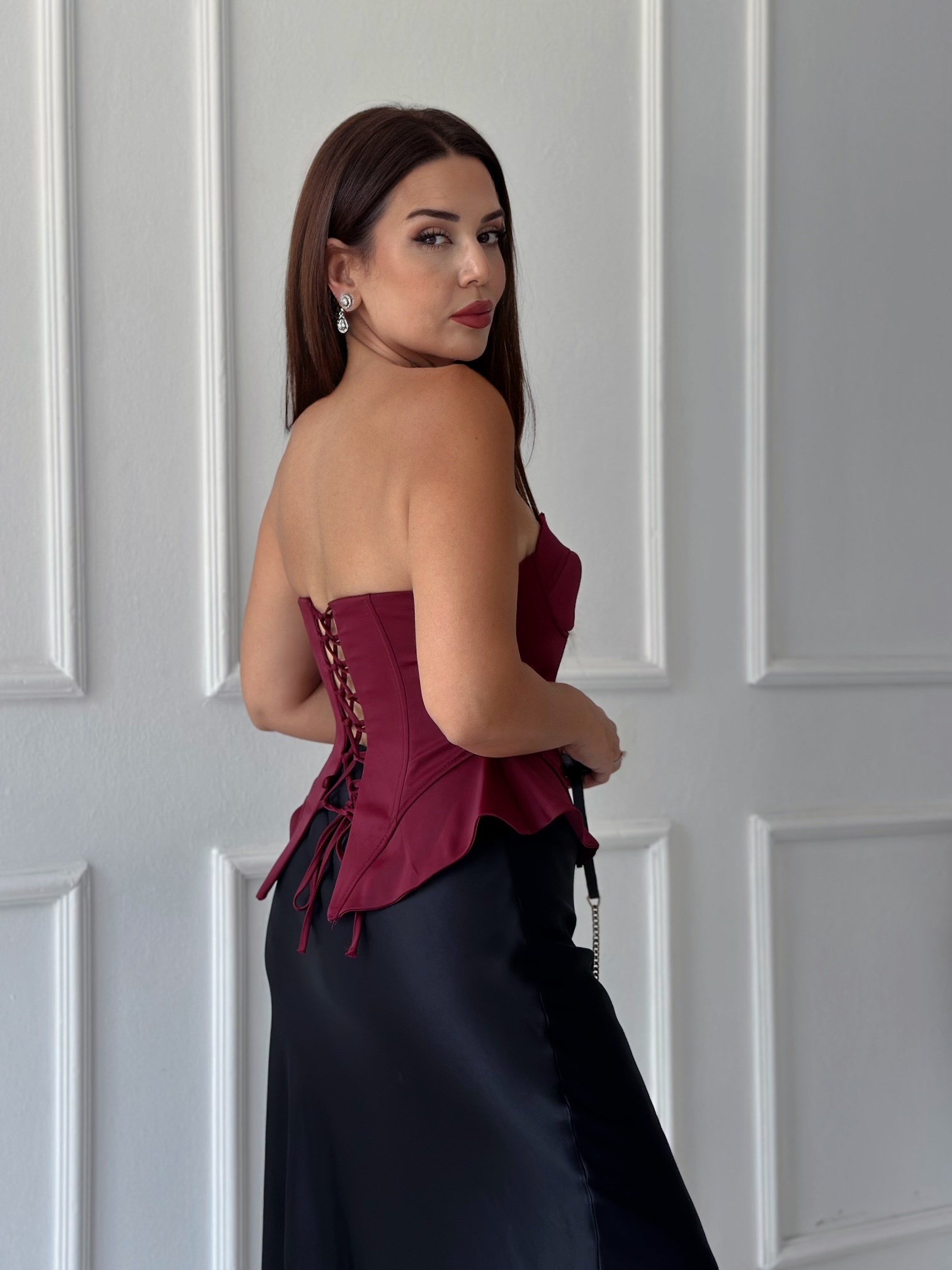 Rosalie Saten Straplez Korse - Bordo