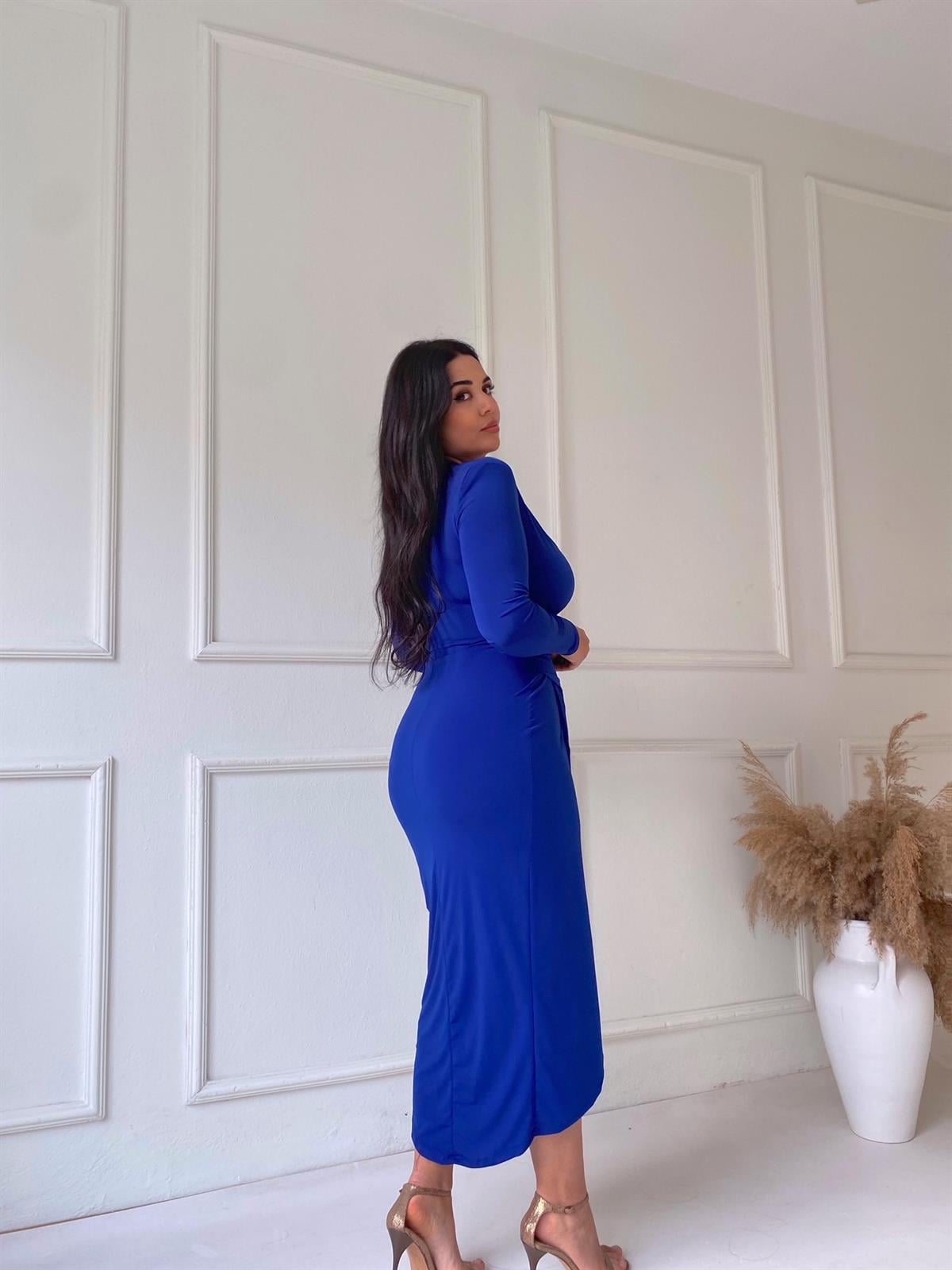 Saks Mavi Drapeli Midi Elbise
