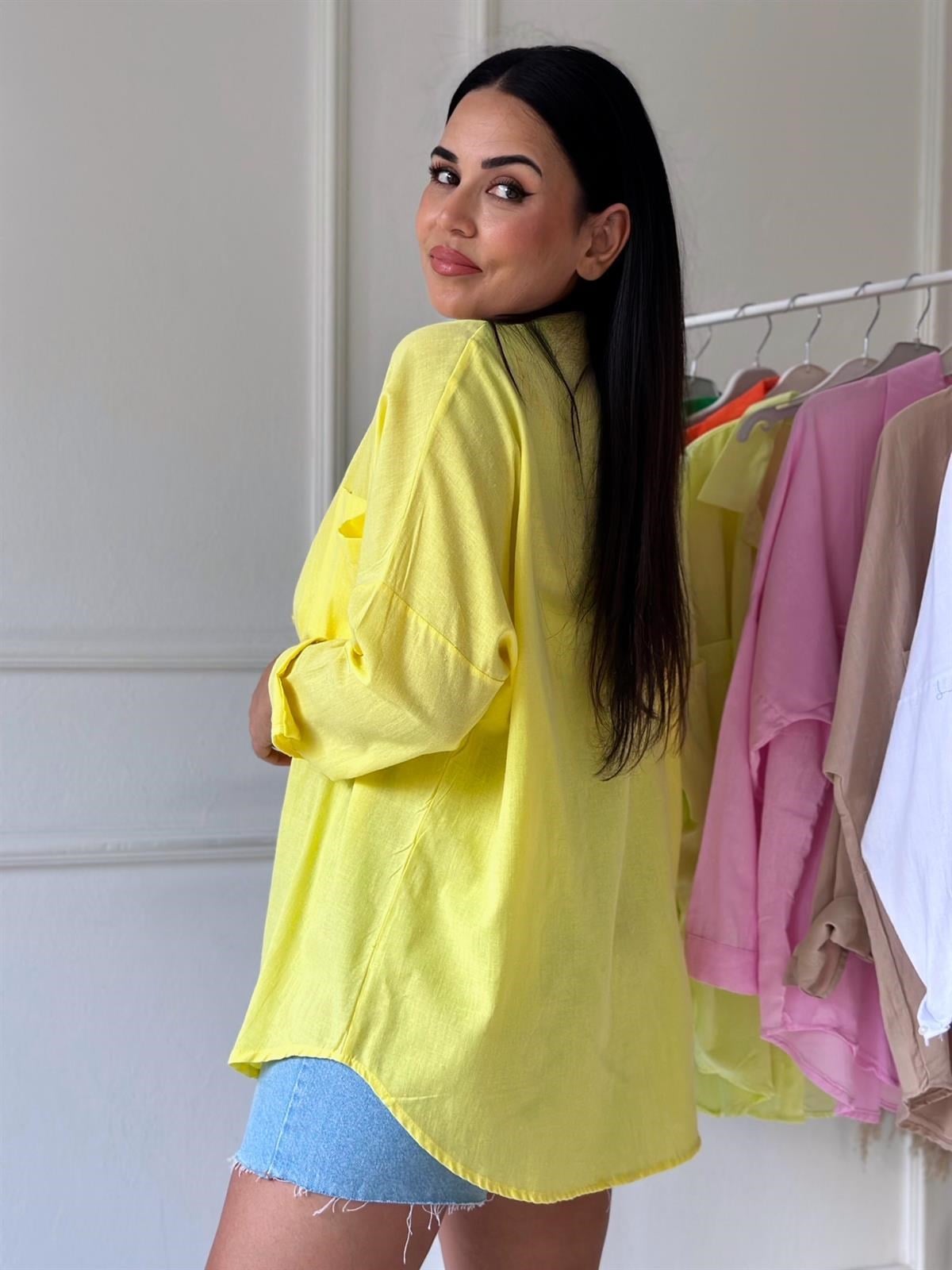 Sarı Cepli Oversize Keten Gömlek