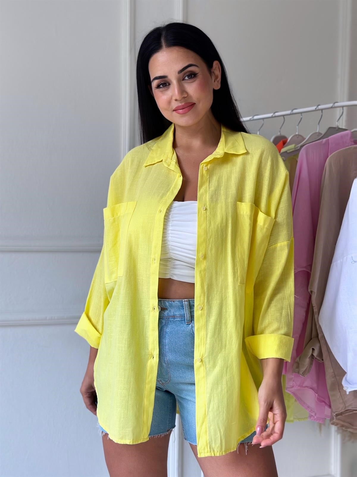 Sarı Cepli Oversize Keten Gömlek