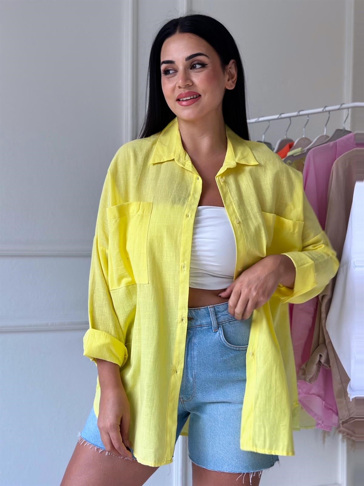 Sarı Cepli Oversize Keten Gömlek