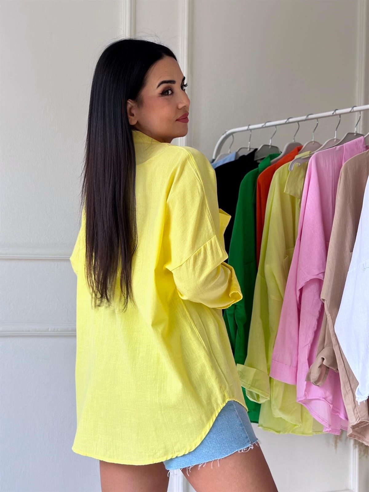 Sarı Cepli Oversize Keten Gömlek