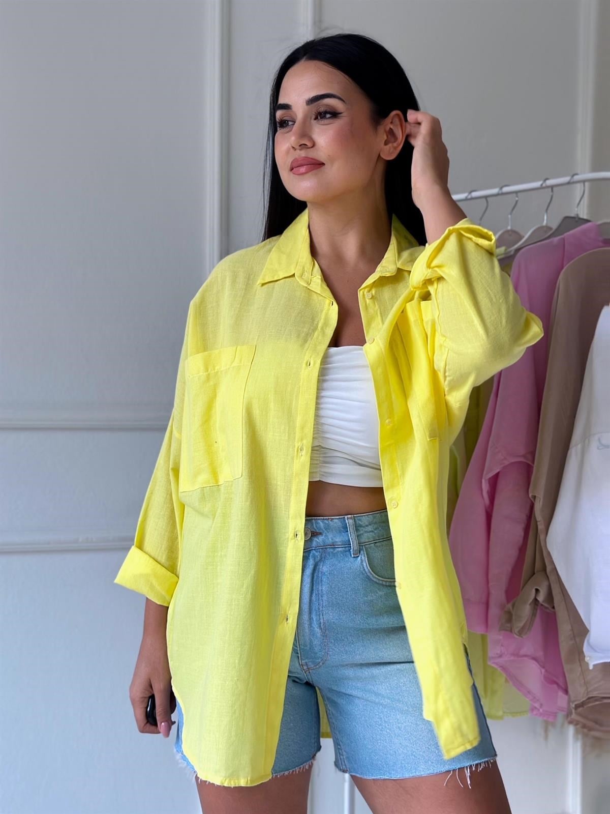 Sarı Cepli Oversize Keten Gömlek