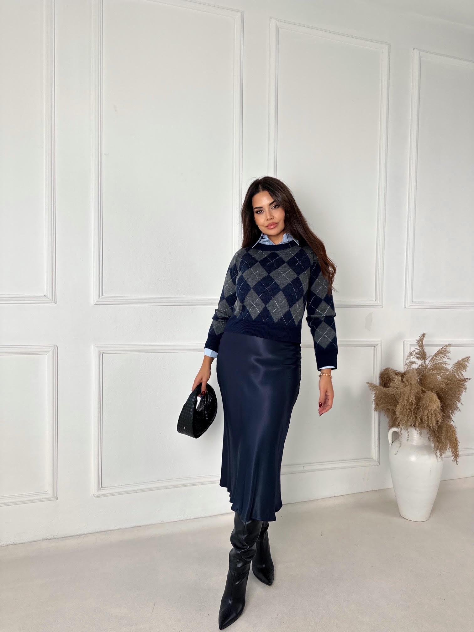 Saten İpek Dokulu Midi Slip Etek – Lacivert