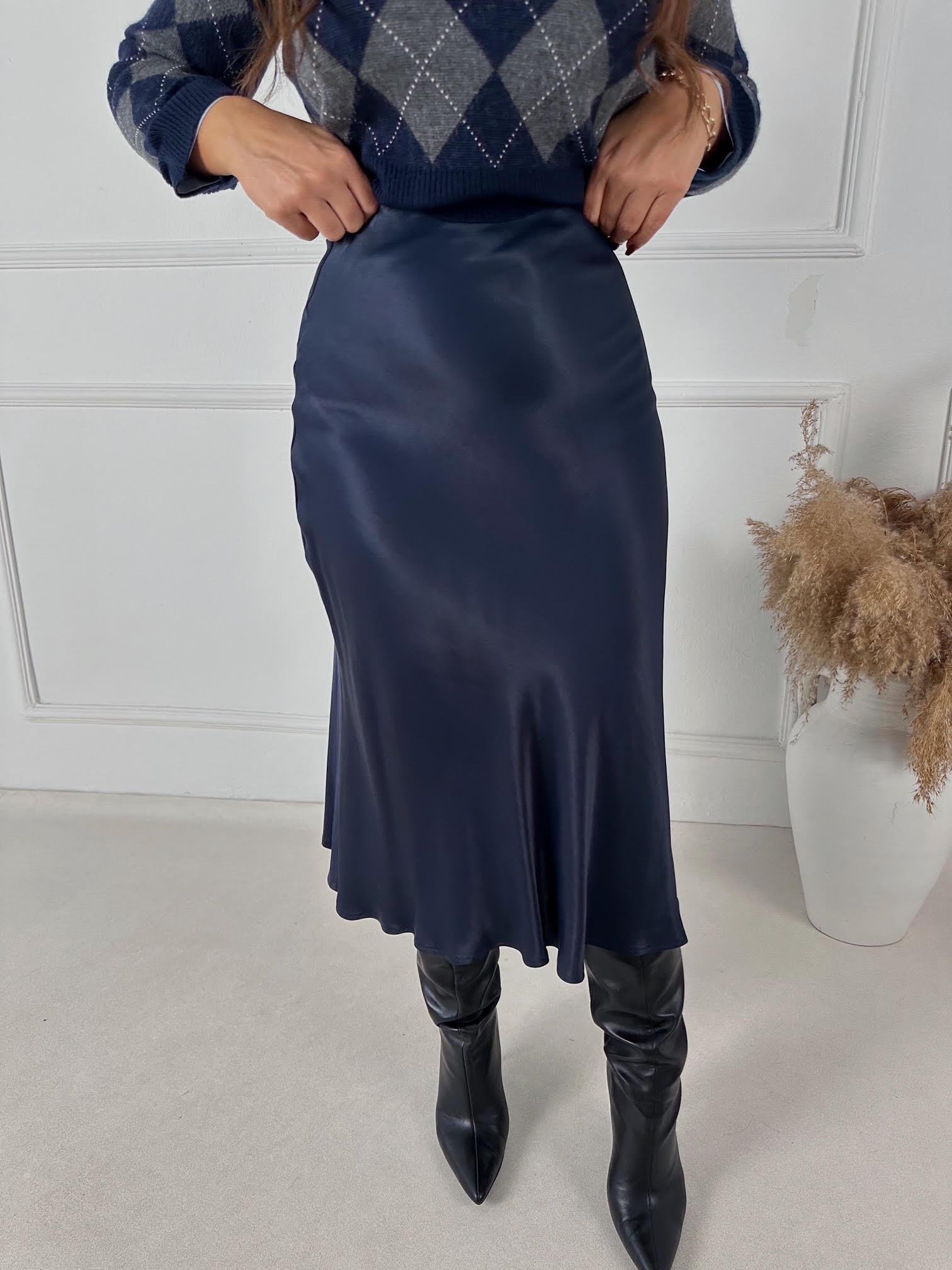 Saten İpek Dokulu Midi Slip Etek – Lacivert