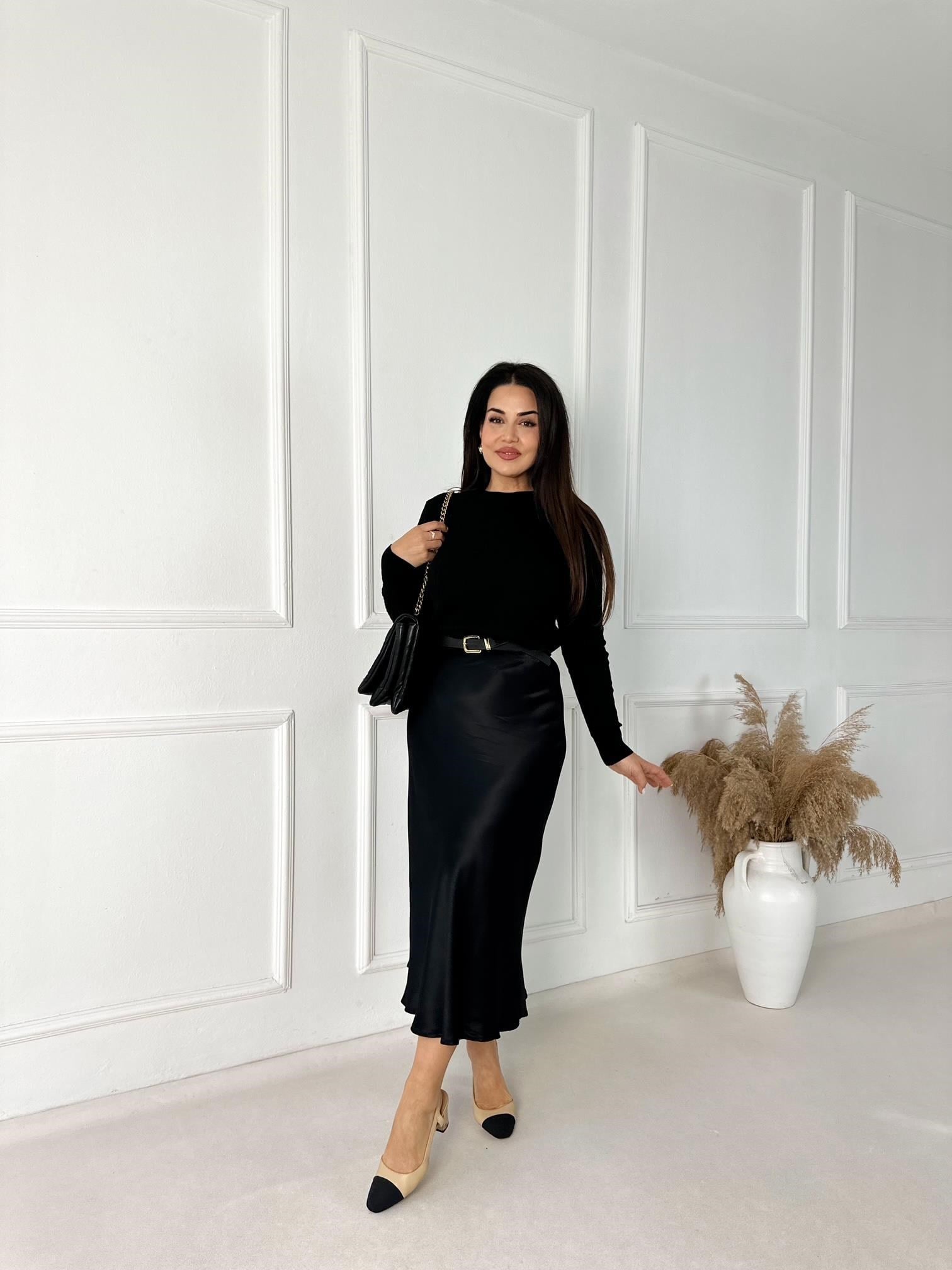 Saten İpek Dokulu Midi Slip Etek – Siyah