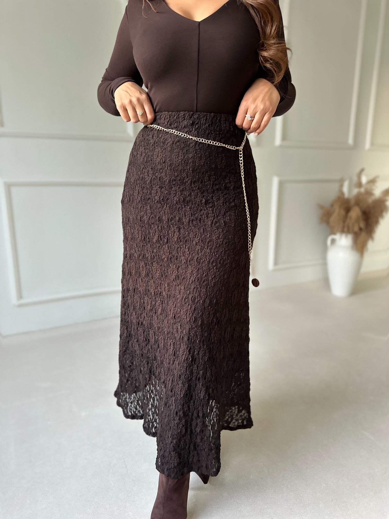 Serena Dantel Midi Etek- Kahve