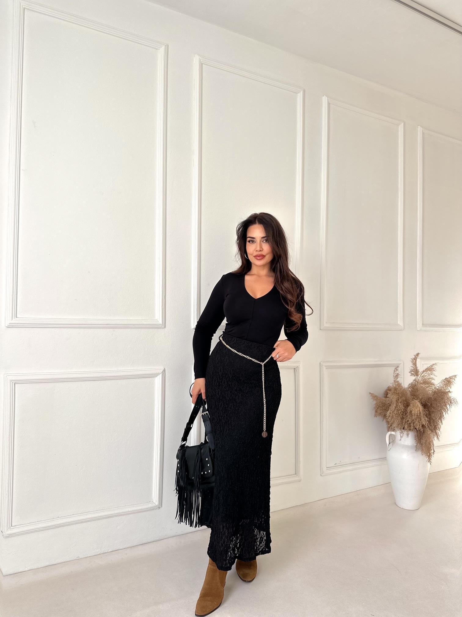 Serena Dantel Midi Etek- Siyah