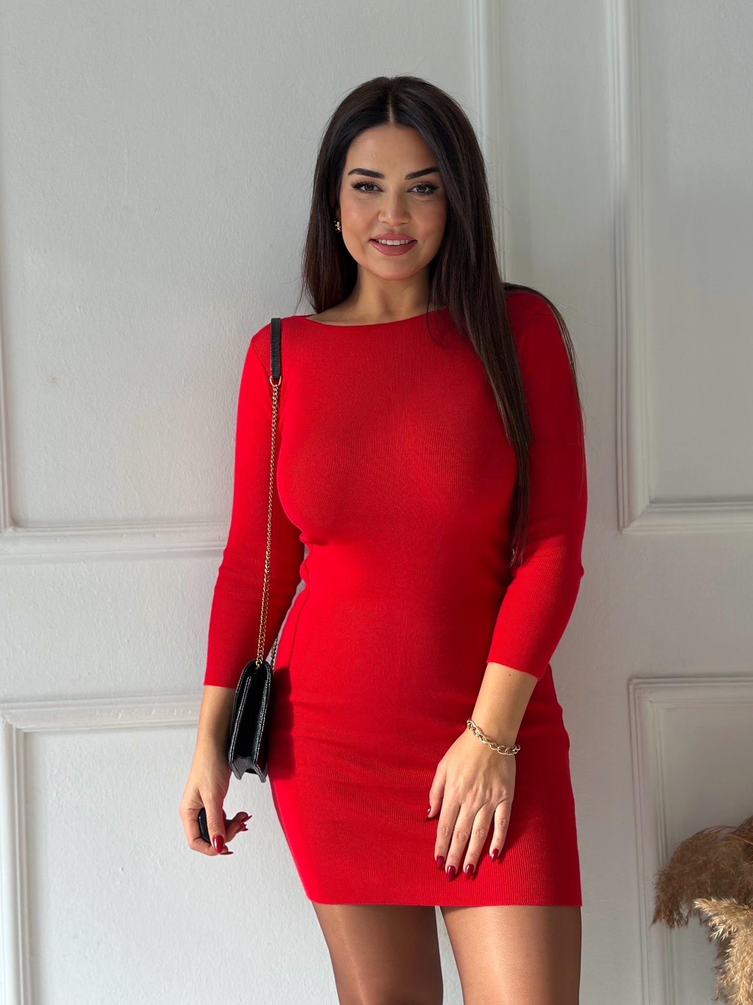 Sırt Dekolteli Fit Triko Elbise – Kırmızı