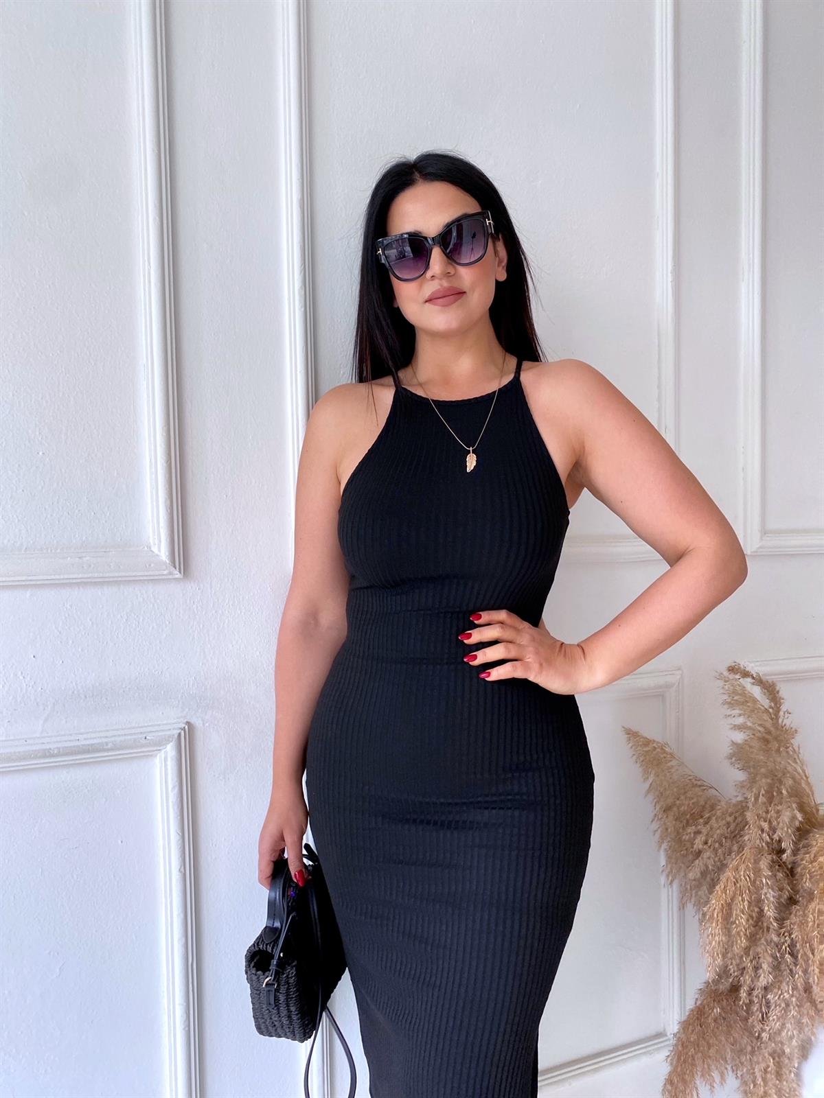 Siyah Halter Yaka Midi Elbise