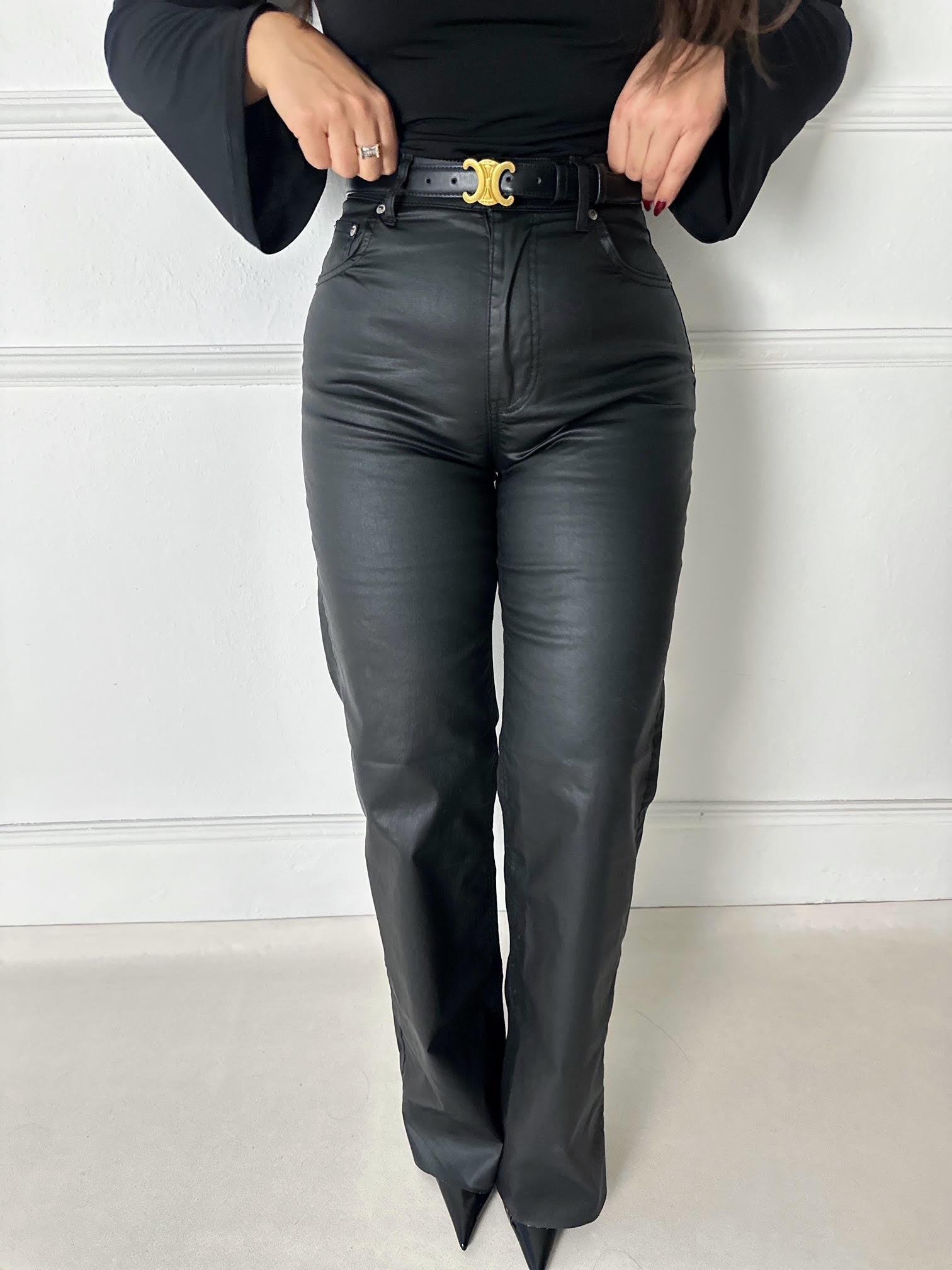 Siyah Kaplamalı Kumaş Likralı Palazzo Jean