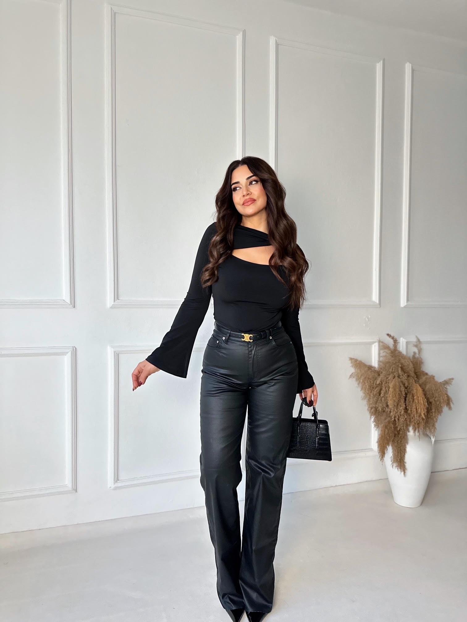 Siyah Kaplamalı Kumaş Likralı Palazzo Jean