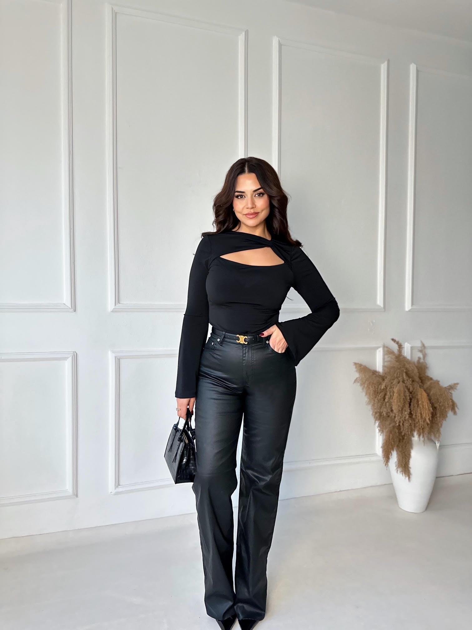 Siyah Kaplamalı Kumaş Likralı Palazzo Jean